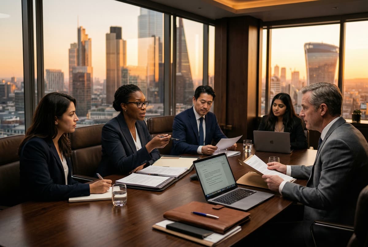 Diverse attorney team strategizing in a modern conference room at golden hour