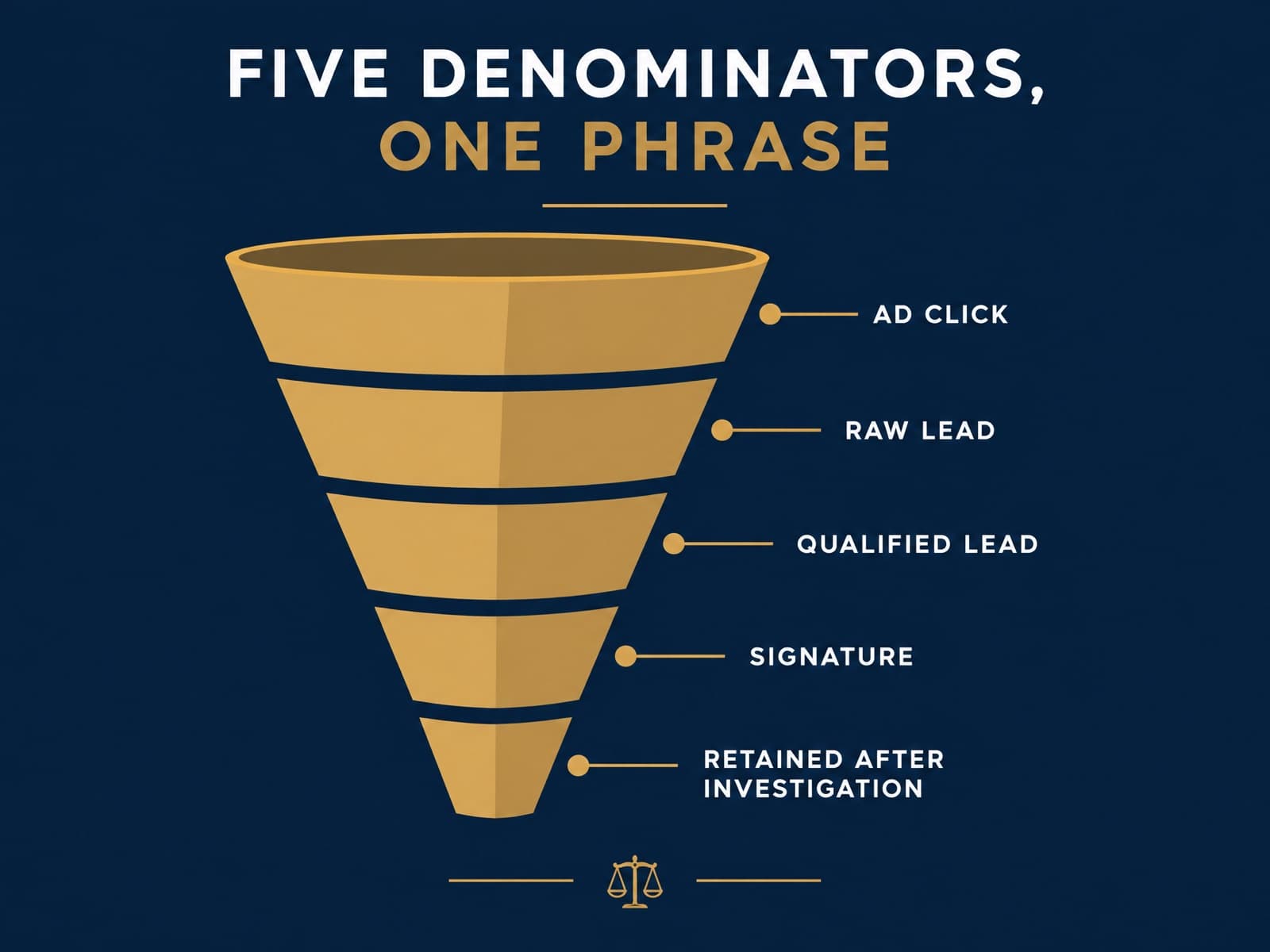 Five measurement points in a legal marketing funnel: ad click, raw lead, qualified lead, signature, retained after investigation