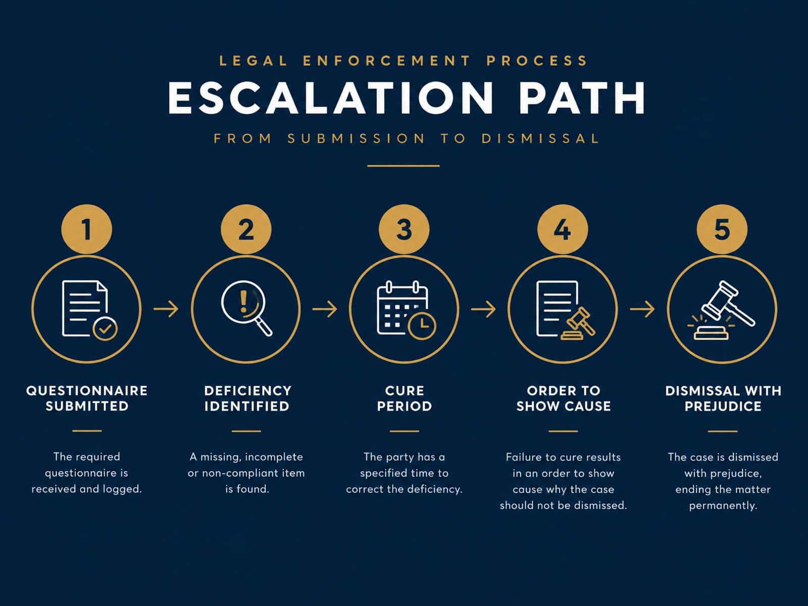 Escalation path from questionnaire submission through deficiency, cure period and order to show cause to dismissal with prejudice