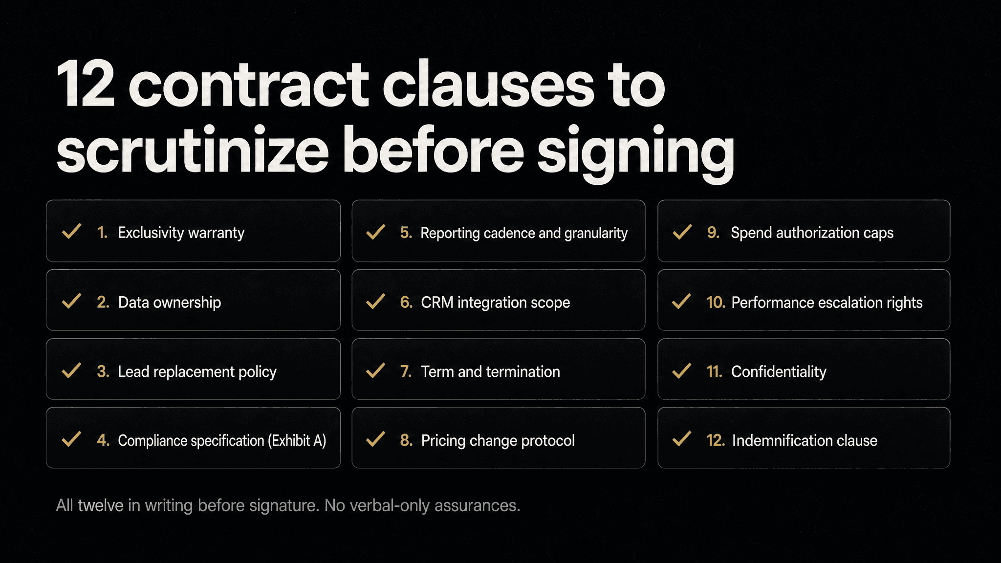 The 12 contract clauses to scrutinize before signing a mass tort marketing agency engagement — exclusivity, data ownership, compliance specification, indemnification, and 8 more.