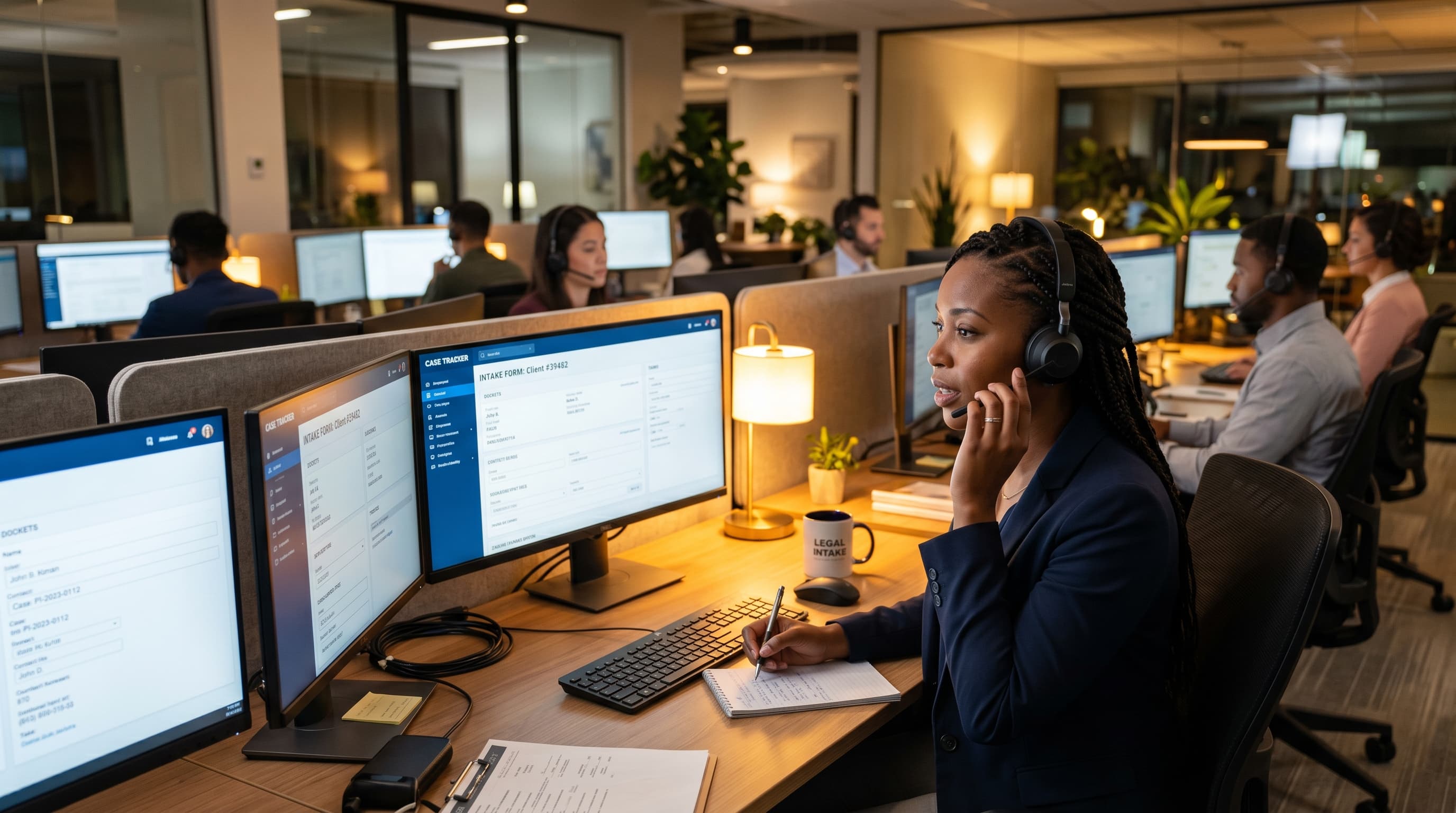 Mass tort intake specialist screening claimants via phone in a modern call center