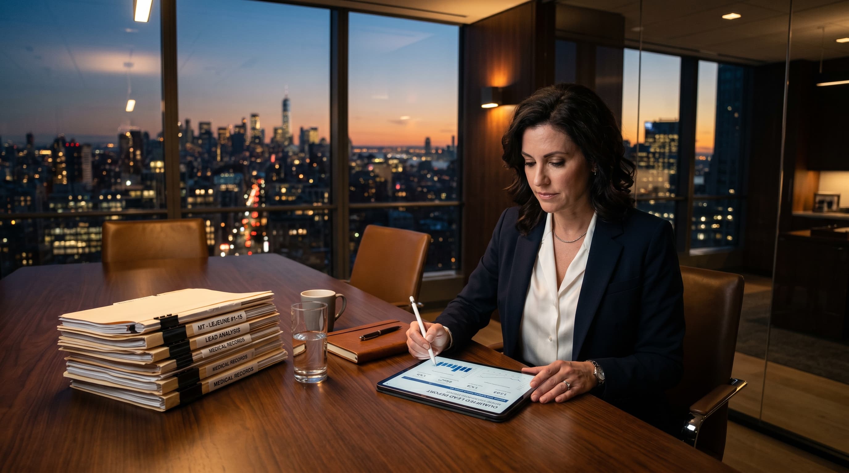 Attorney reviewing qualified mass tort lead reports at desk with case files