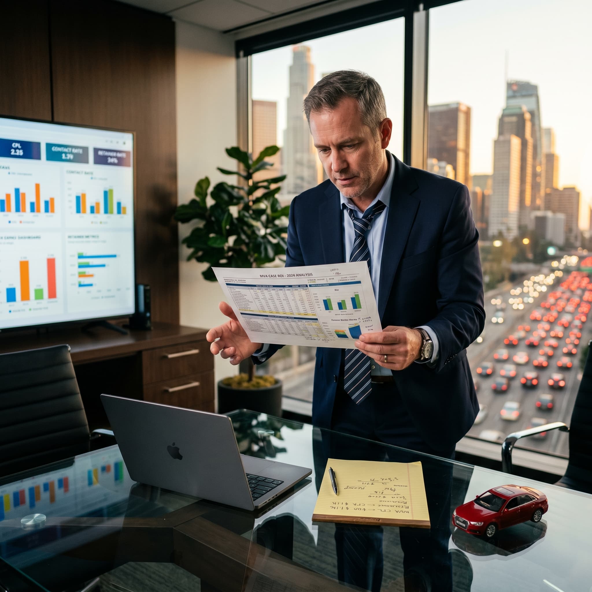 Attorney reviewing motor vehicle accident case analytics and intake conversion dashboard