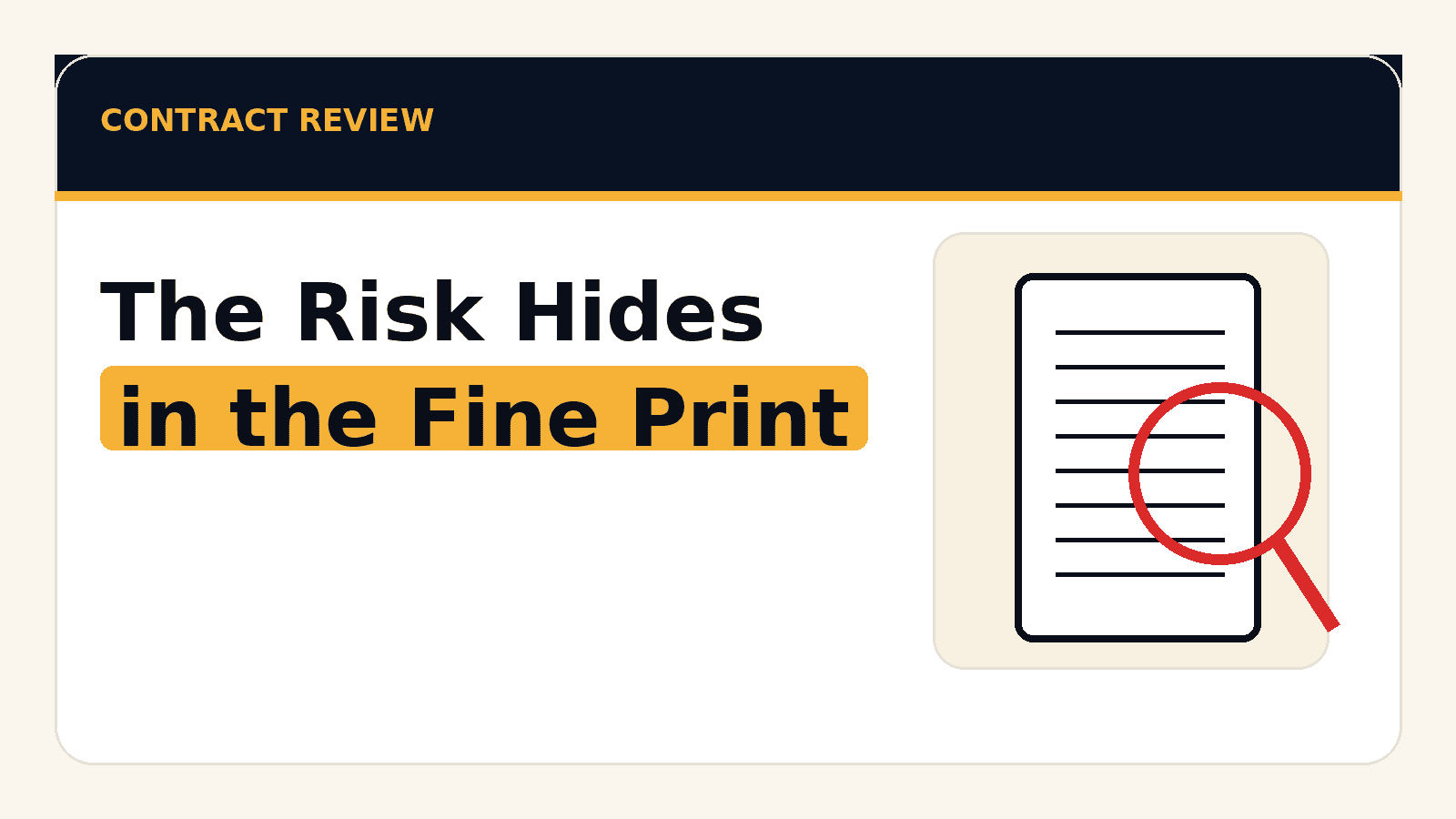 An image for contract review highlighting hidden risk in indemnification, exclusivity, data ownership, and spend-control terms.