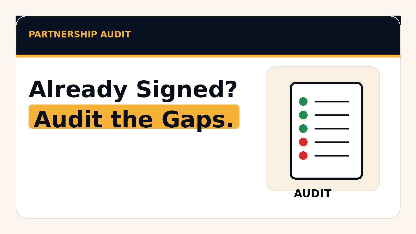 An image for auditing an existing mass tort agency partnership and identifying operational gaps.