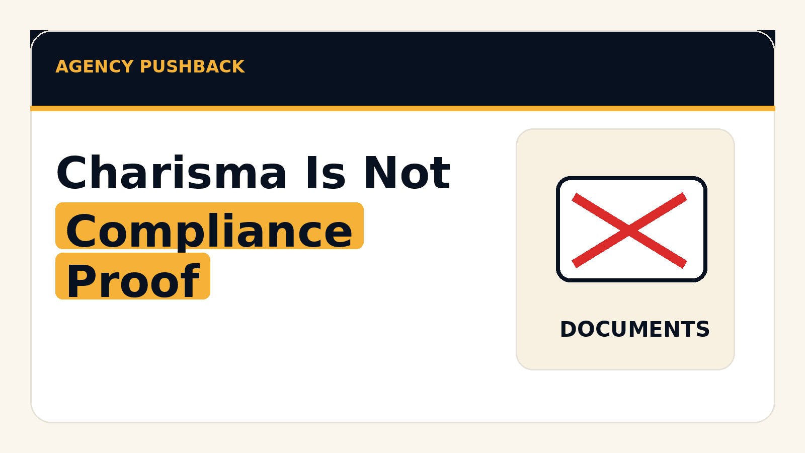 An image warning firms not to accept charisma or verbal assurances instead of written compliance proof.
