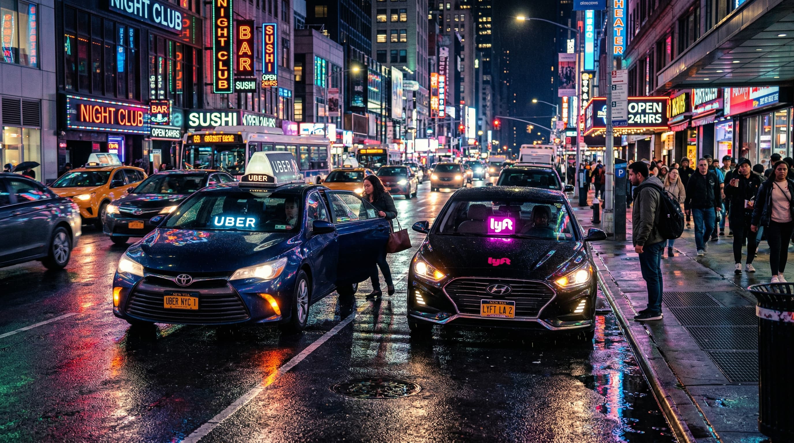 Urban cityscape with rideshare vehicles — representing the scale of Uber and Lyft operations