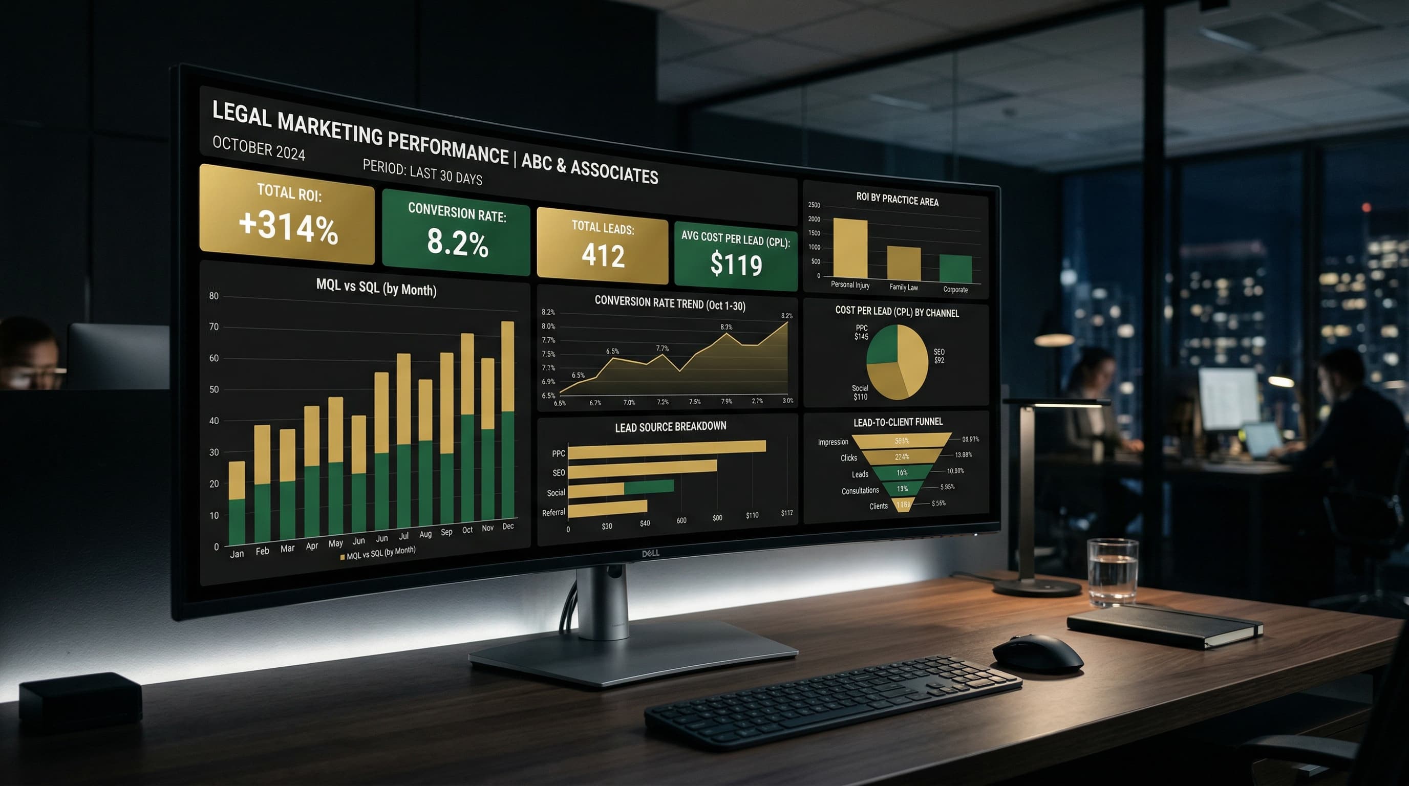 Data analytics dashboard showing mass tort ROI metrics and performance tracking