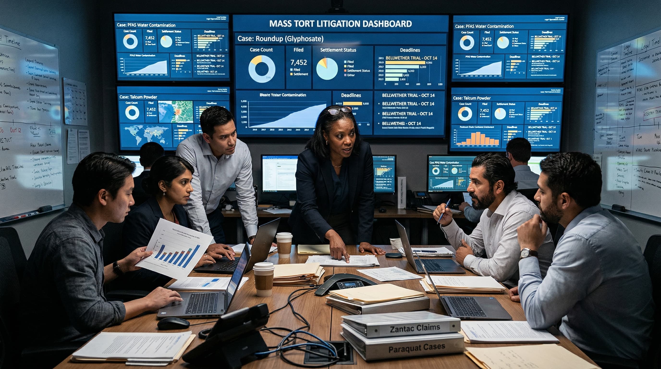 Professional legal team in office environment representing staffing scale for multi-tort operations