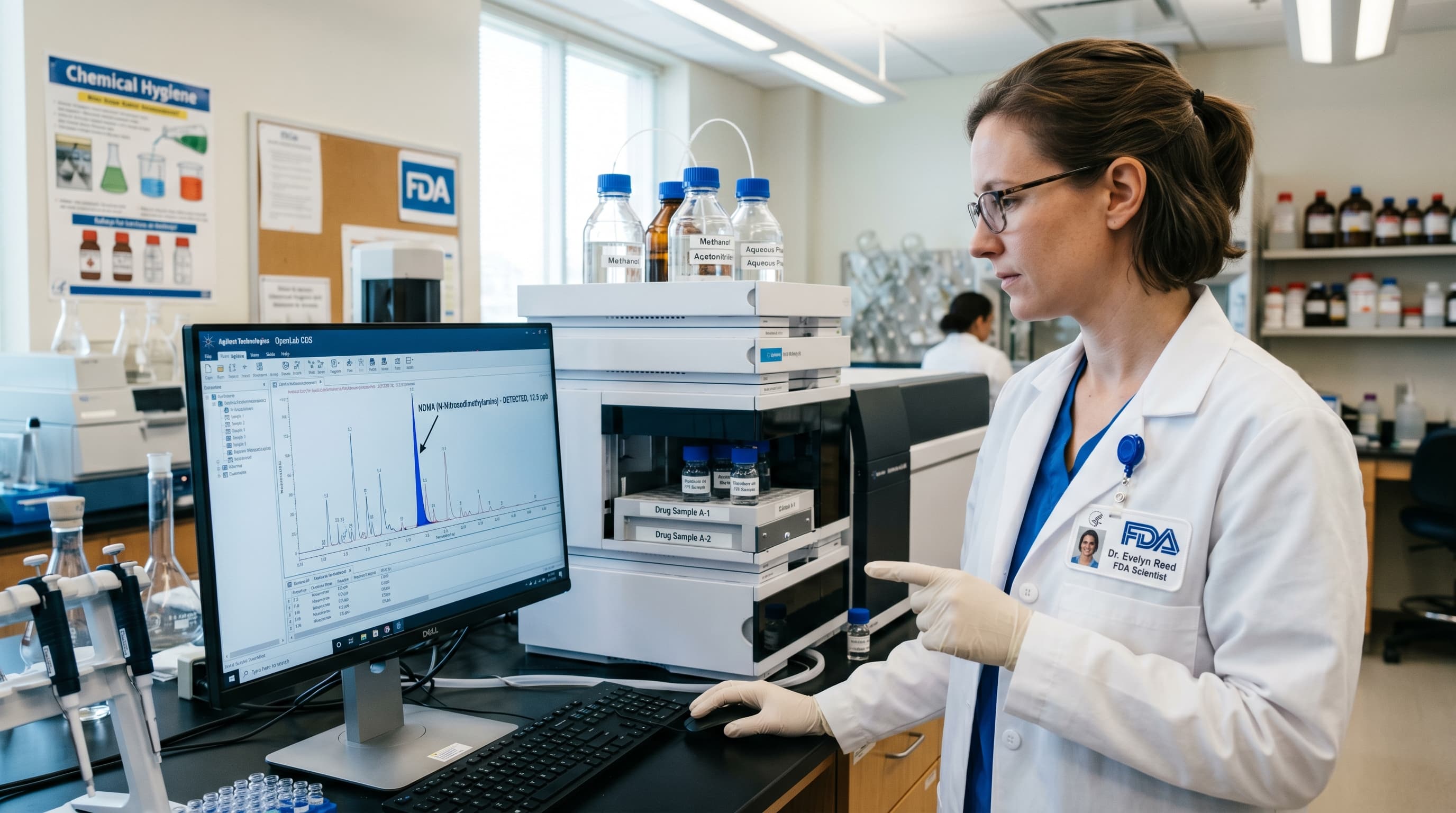 Laboratory testing equipment representing NDMA contamination analysis in ranitidine products