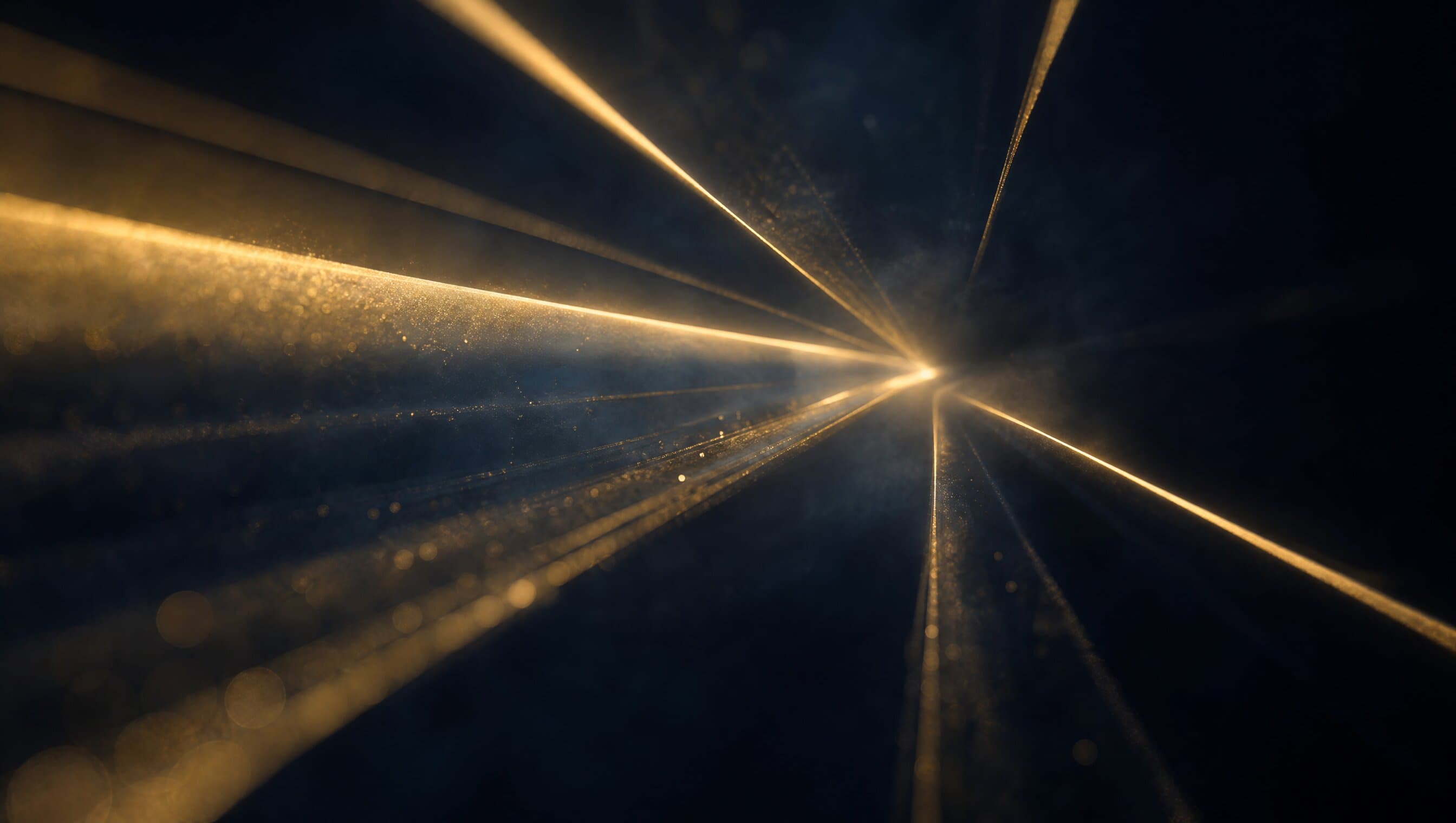 Nine ribbons of warm light entering a dark frame at different widths and angles, converging loosely toward one bright region — an illustration of an uneven channel mix.