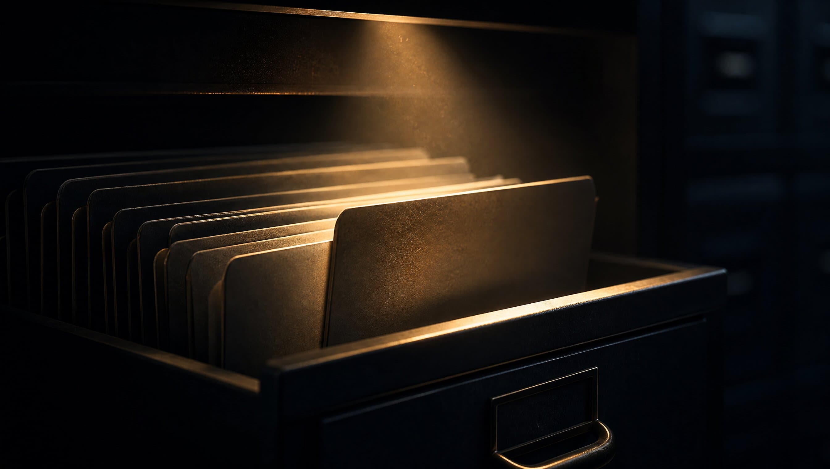 A dark archival drawer of upright document dividers under a narrow warm spotlight, one divider pulled forward — an illustration of retained records and audit trails.