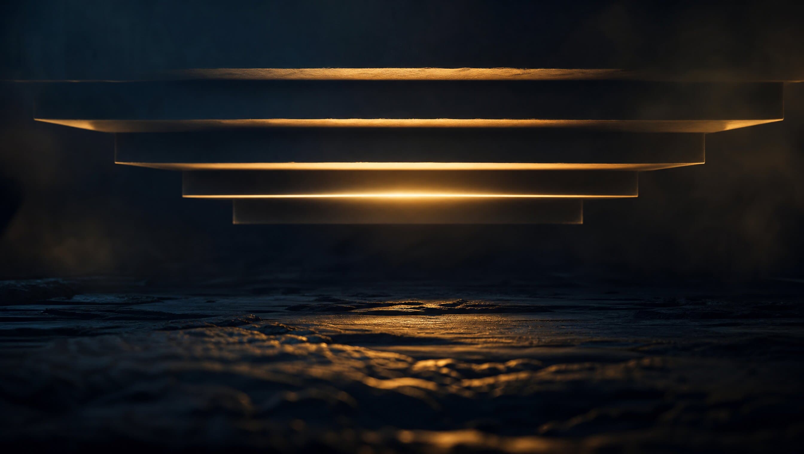 Abstract descending tiers of warm light on a dark field, one tier brighter than the rest — an illustration of a spending ceiling in an acquisition model.
