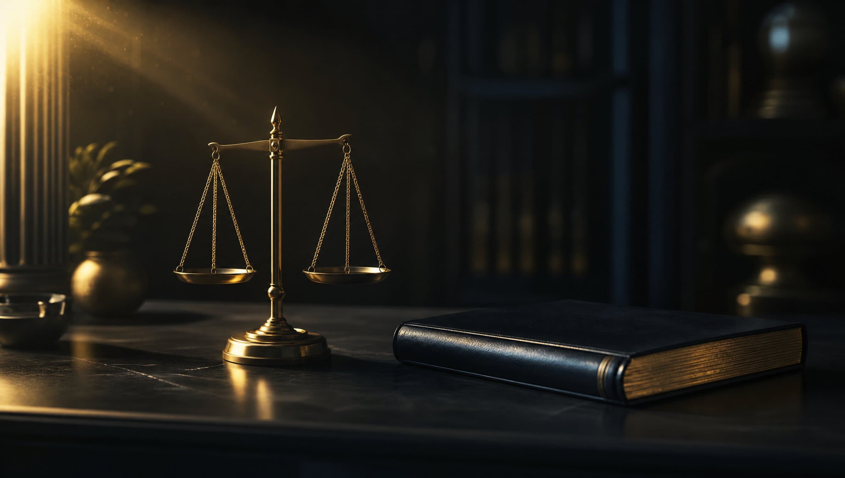 A brass balance scale and a closed ledger on a dark desk lit by a single warm light — an abstract illustration of neutral vendor evaluation.