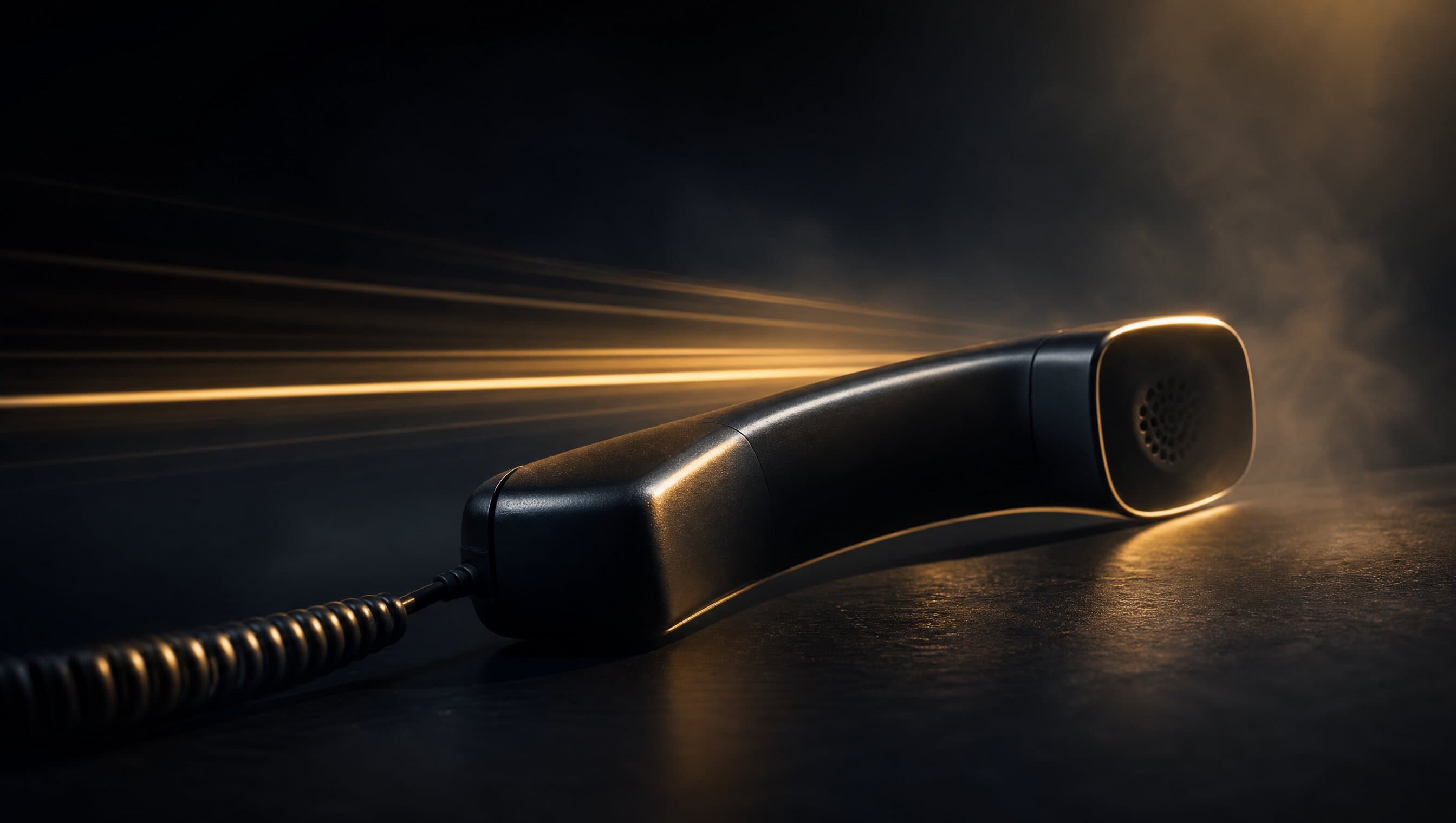 A sleek desk telephone handset in warm rim light on a dark surface with a faint streak of motion light beside it — an illustration of speed to first contact.