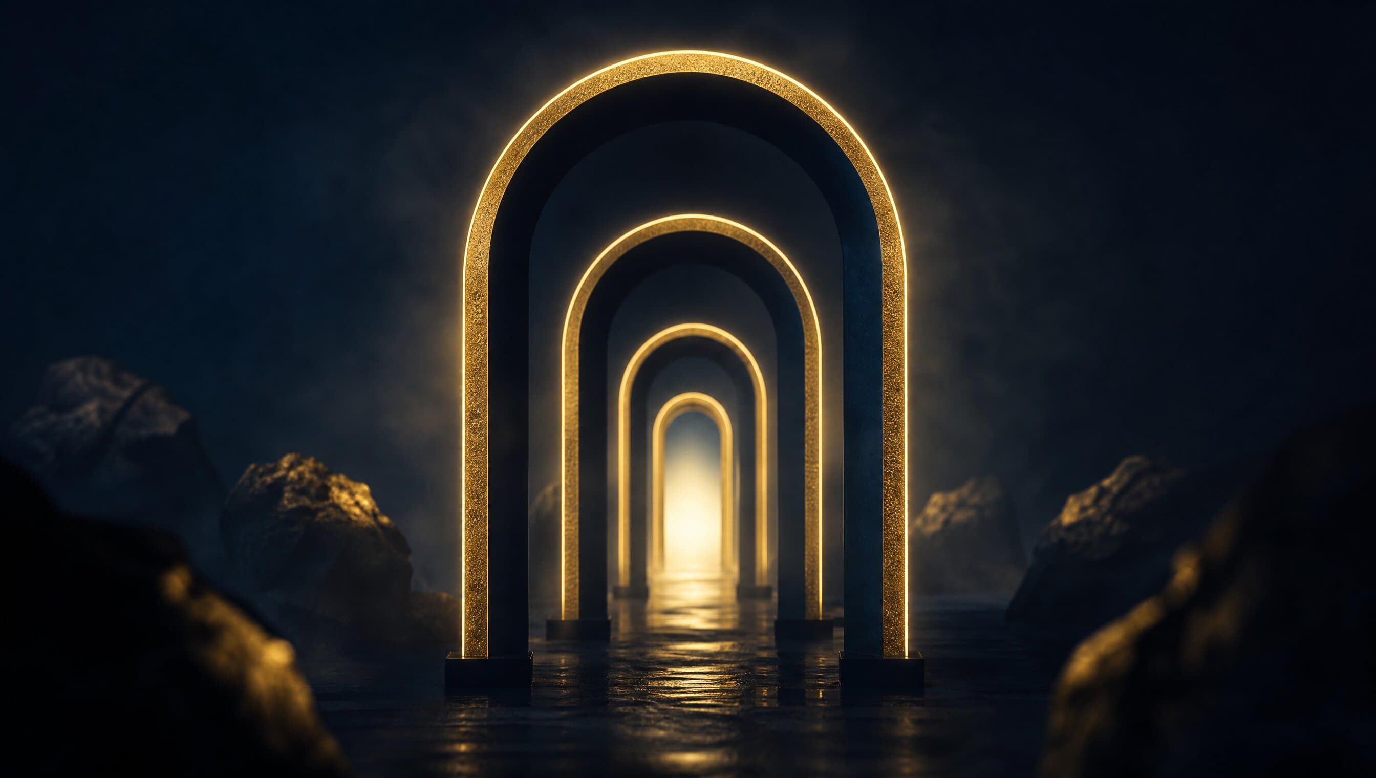 Four successive luminous archways receding into dark haze, each narrower than the last with the final one brightest — an illustration of sequential weekly gates in a launch sequence.