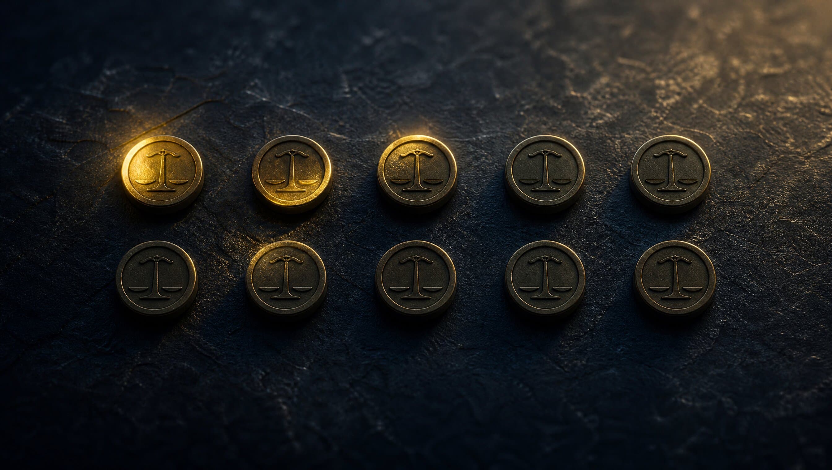 Ten identical brass tokens in a grid on dark slate, some catching light brightly and others falling into shadow — an illustration of uneven scoring across diligence categories.