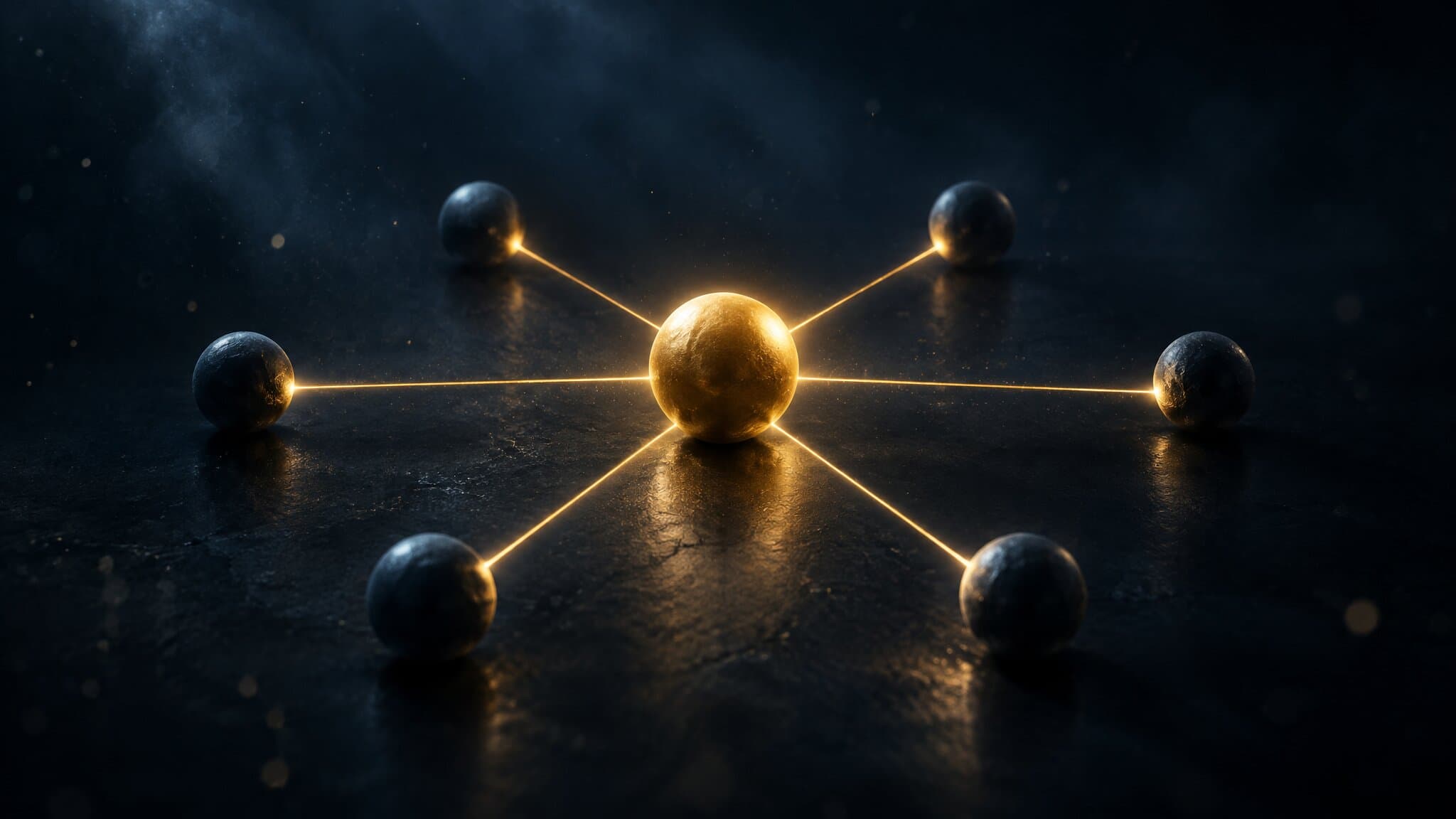 Bright gold sphere linked by threads of light to six smaller spheres