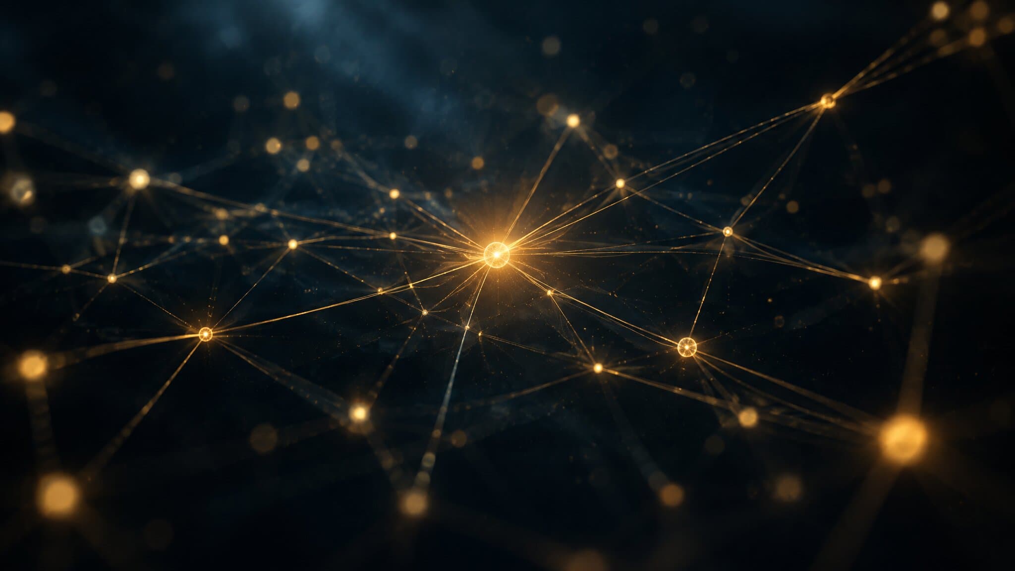 Web of glowing nodes joined by gold filaments against a dark navy field