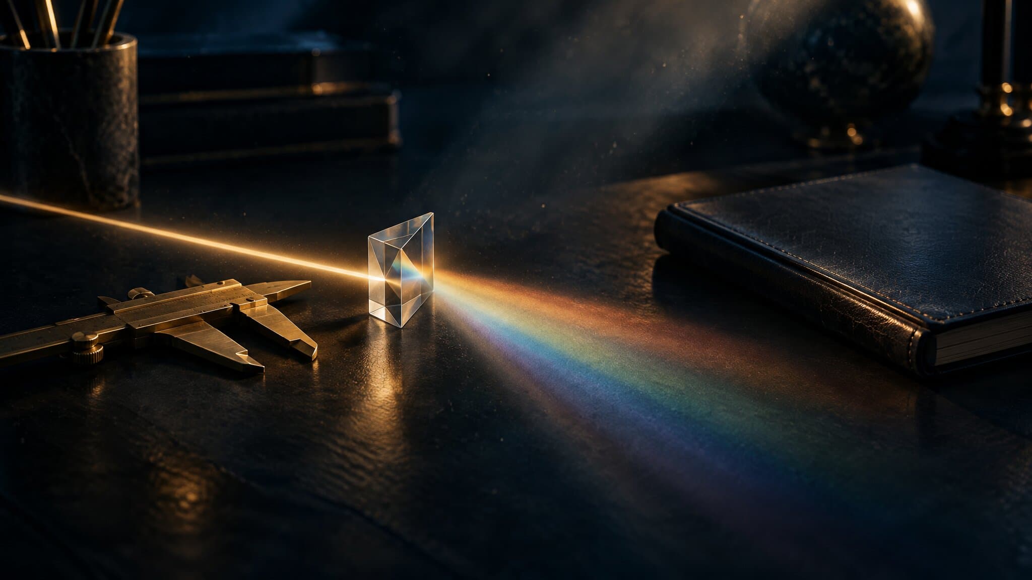 Brass caliper and glass prism splitting a gold beam on a dark desk