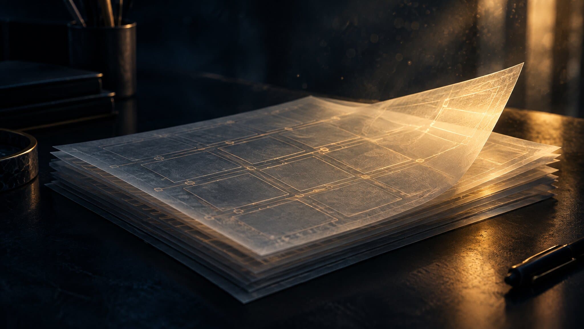 Translucent sheets embossed with a blank grid, lit through by gold light