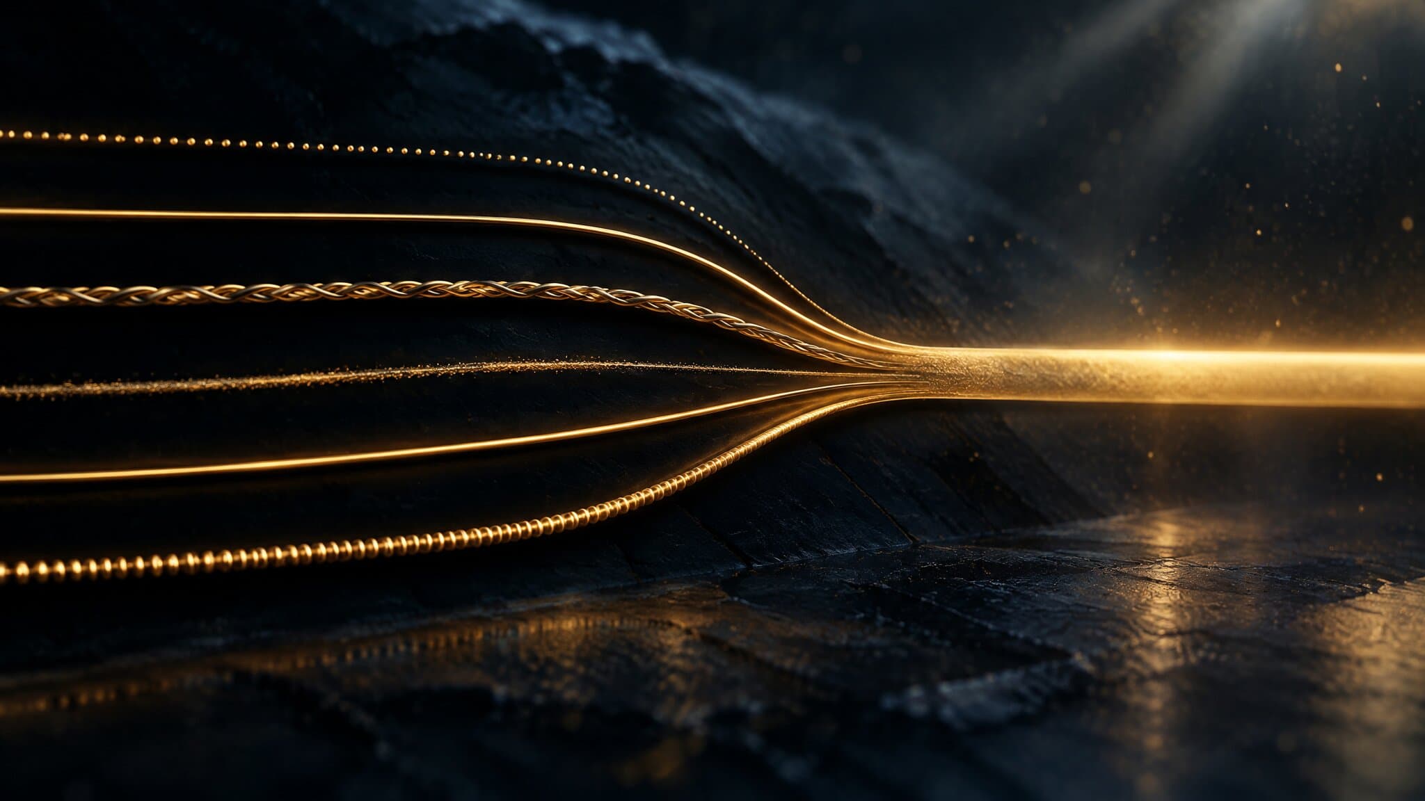 Six gold light-lines of different textures merging into one bright channel