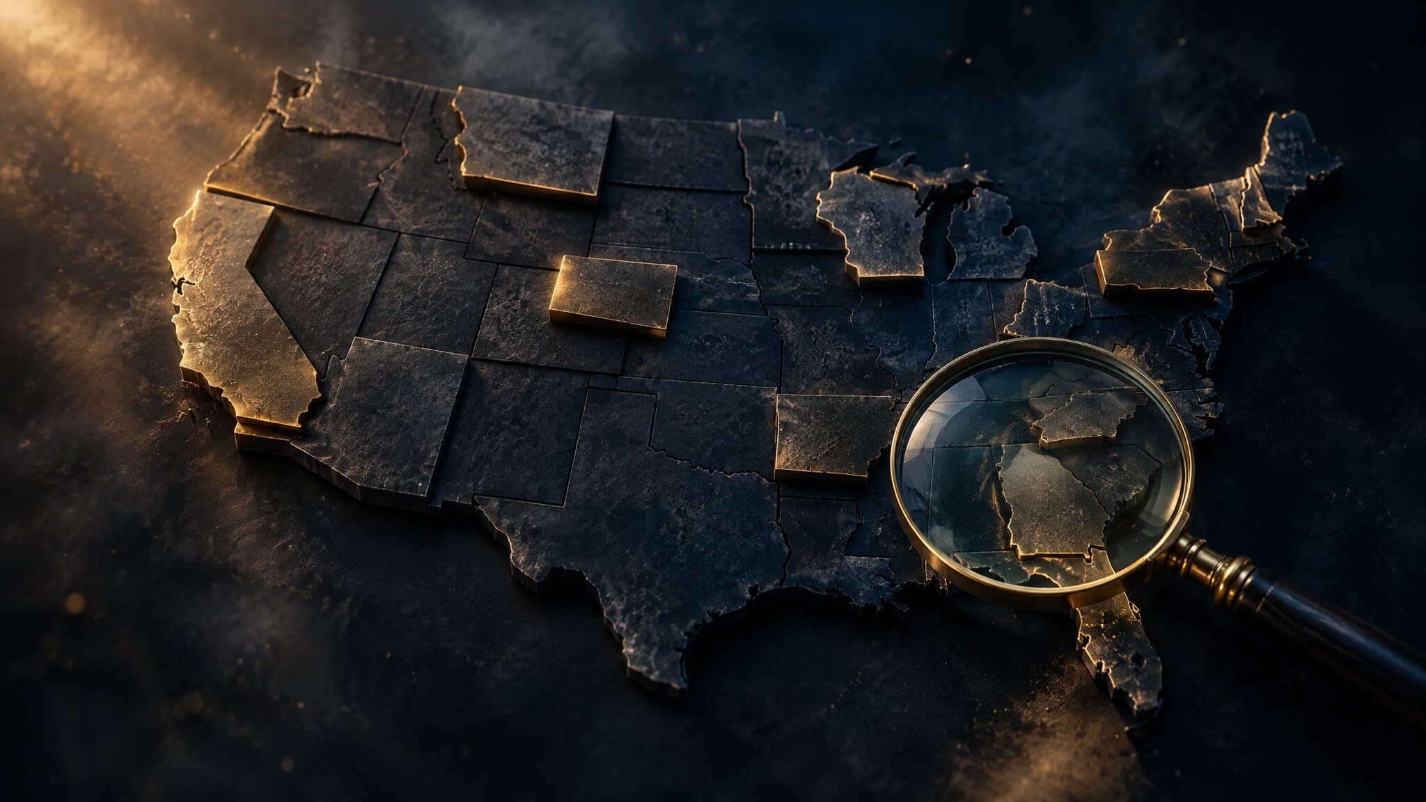 Relief map of the United States with a few states raised and lit gold