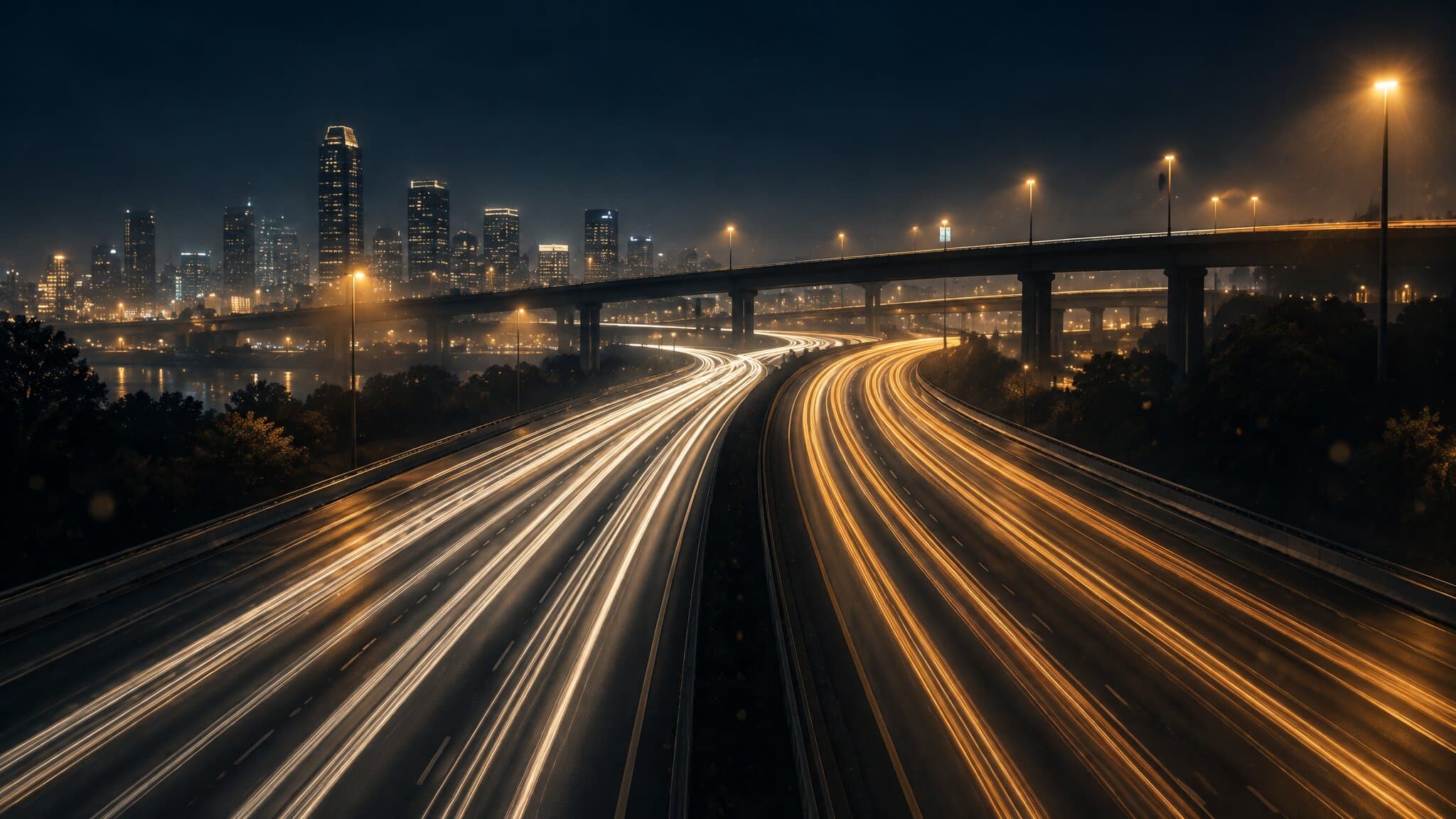 Long-exposure night freeway with gold light trails under an interchange