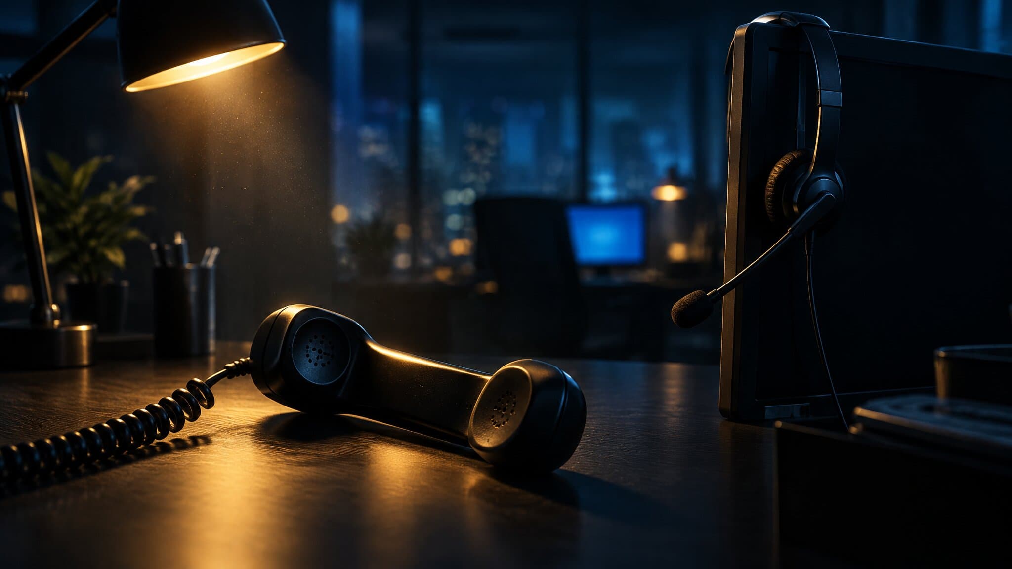 Off-hook telephone handset under a desk lamp in a dark intake office