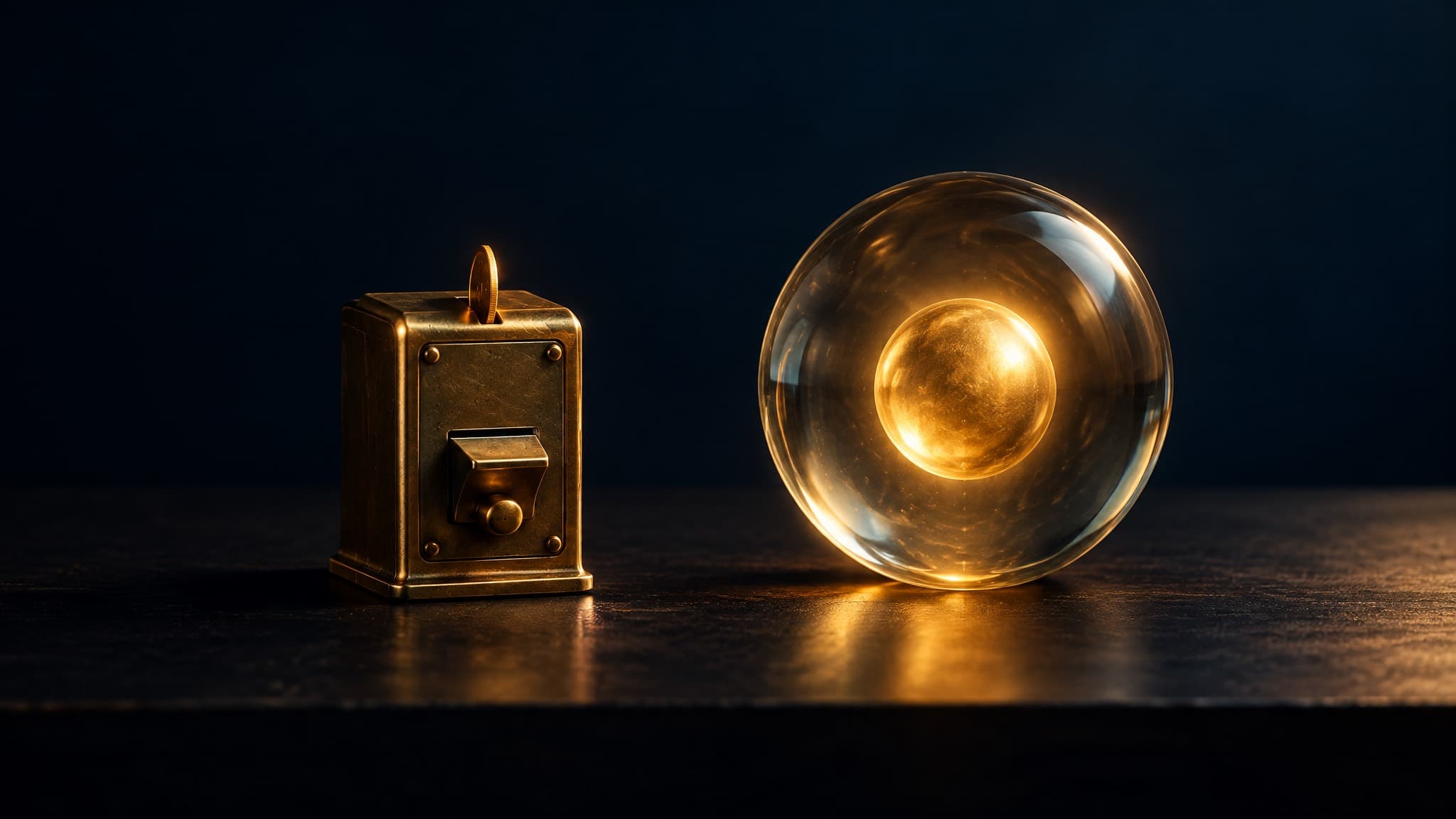 Brass coin slot box beside a glass orb with a glowing gold sphere at its center, on a dark desk