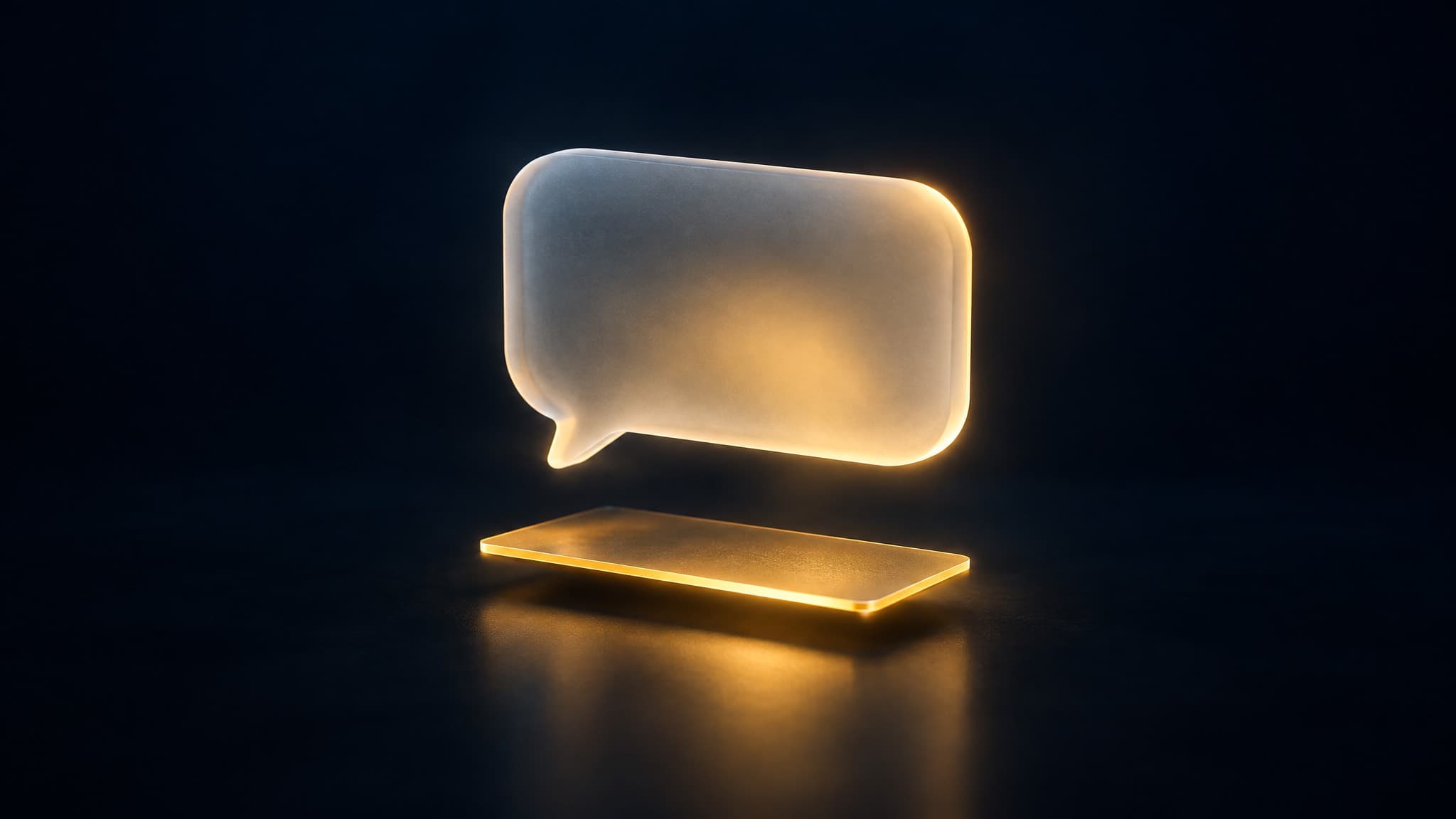 Frosted glass speech bubble glowing above a separate thin gold card on a dark surface