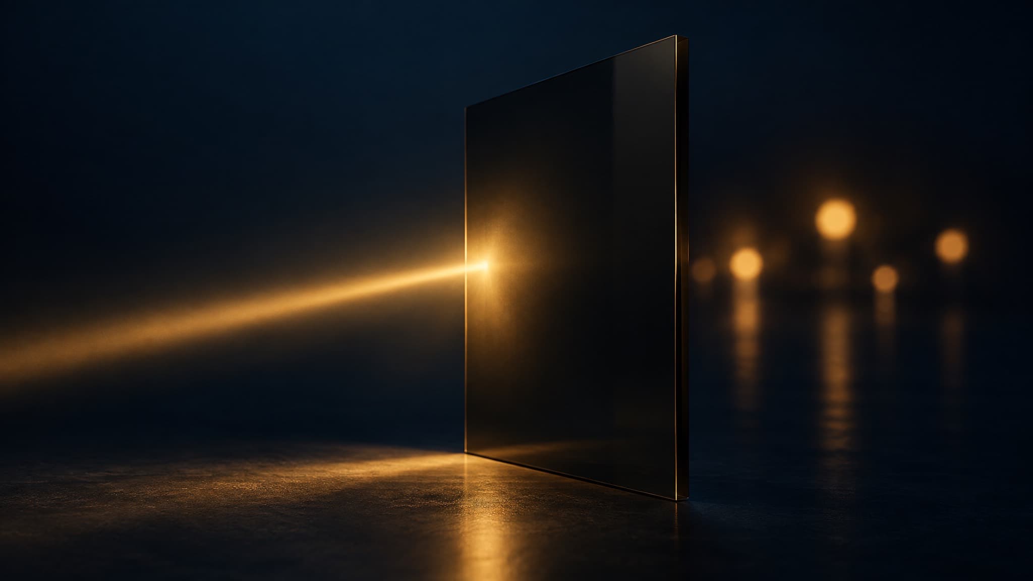 Gold beam of light stopping against a dark glass pane, with warm points of light out of focus beyond it