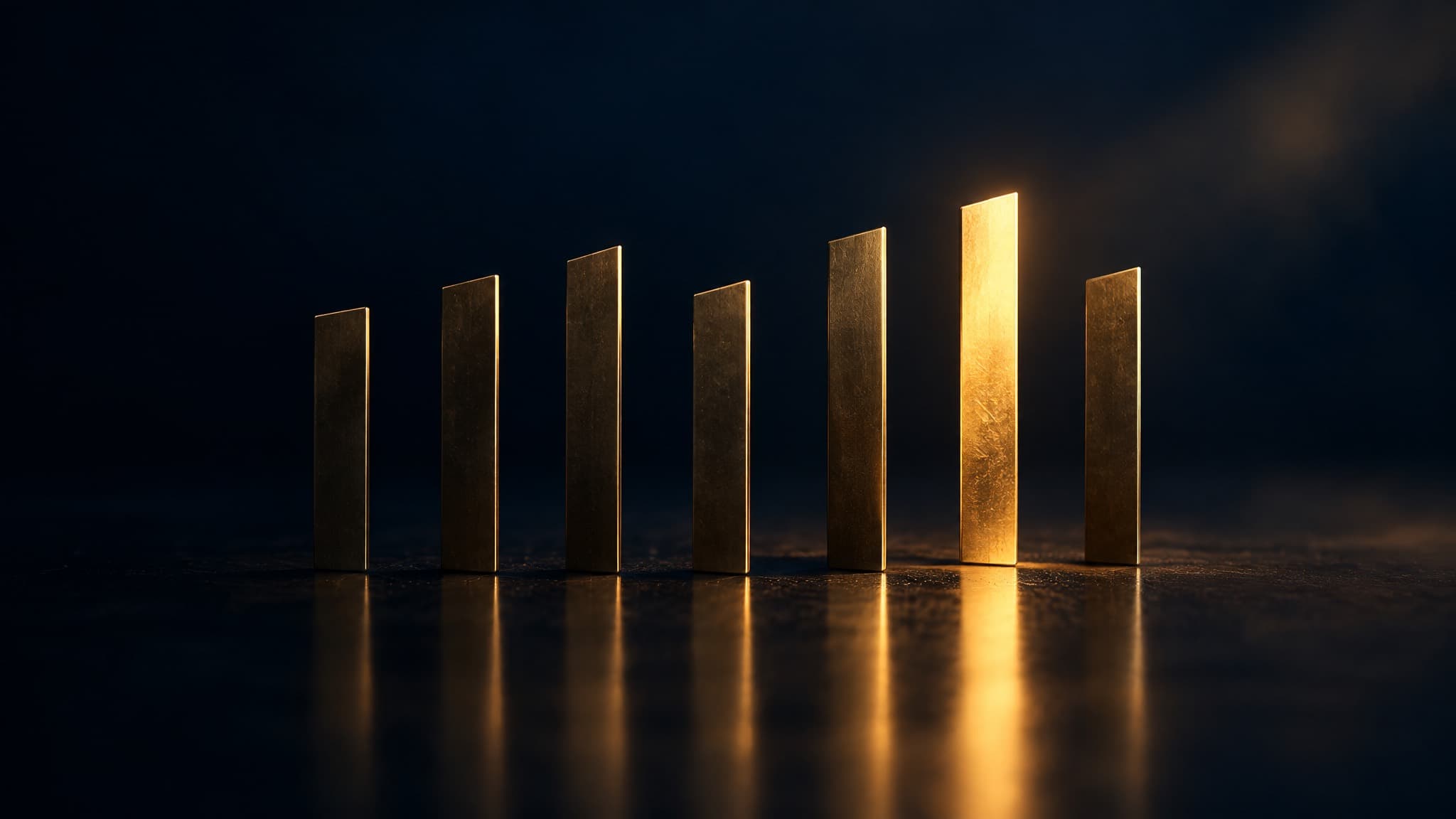 Seven brass plates standing in a row on a dark reflective floor, the sixth lit bright gold