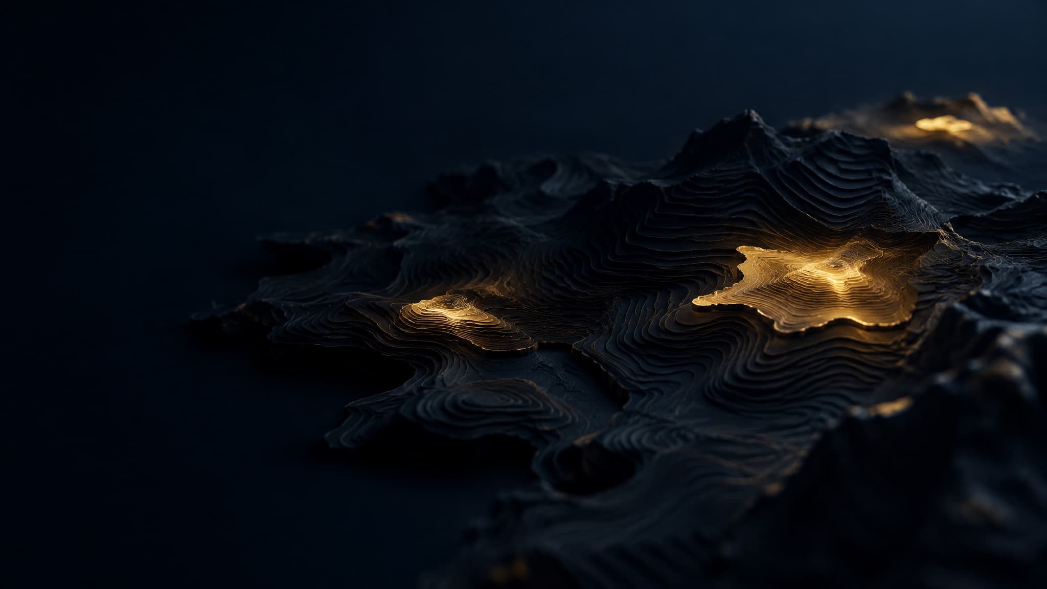 Dark relief map with fine contour lines, a few small regions lit gold from below and the rest in shadow