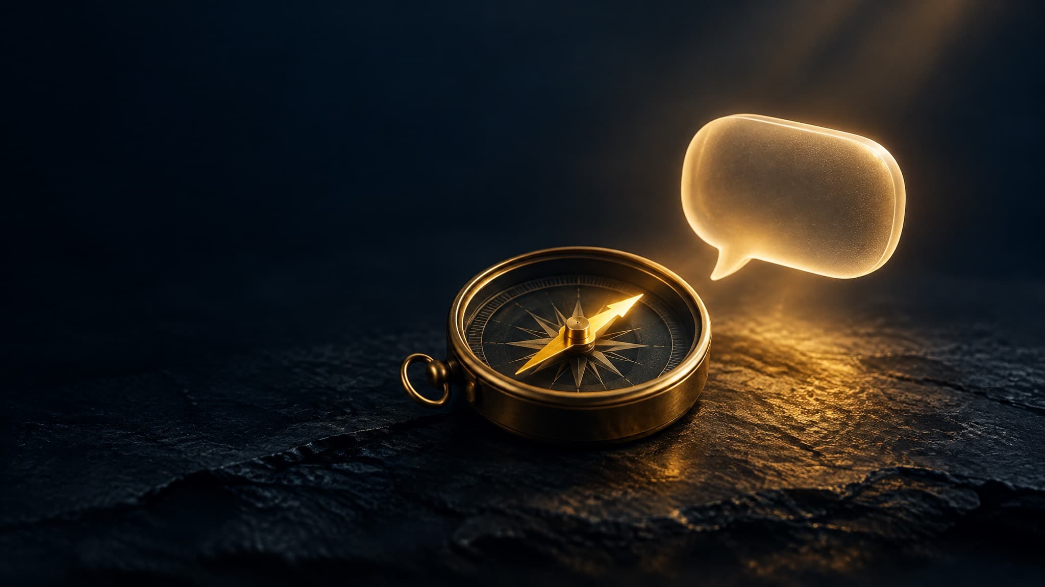 Brass compass with a glowing gold needle beside a frosted glass speech bubble on dark slate