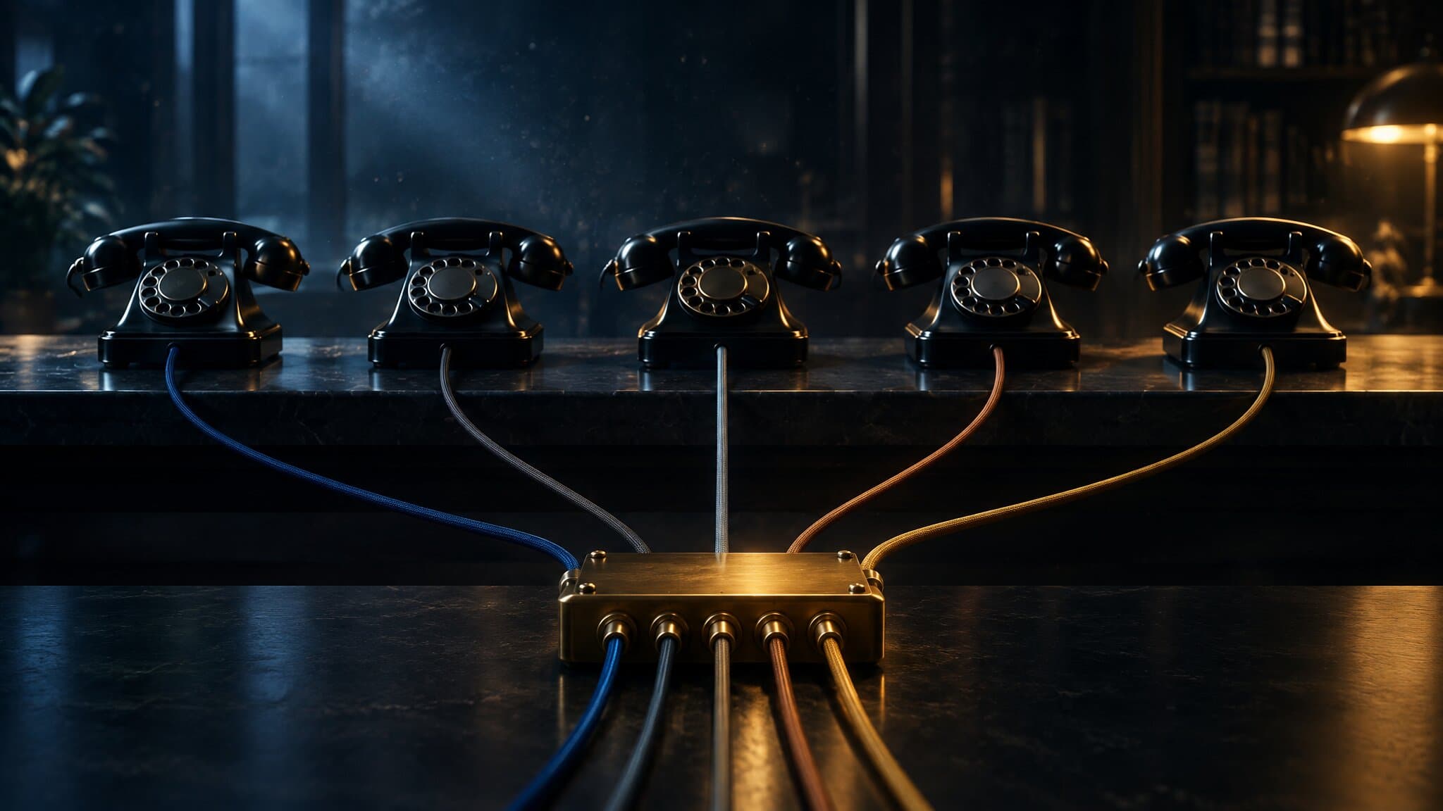 Five black telephones with colored cords meeting at one brass junction