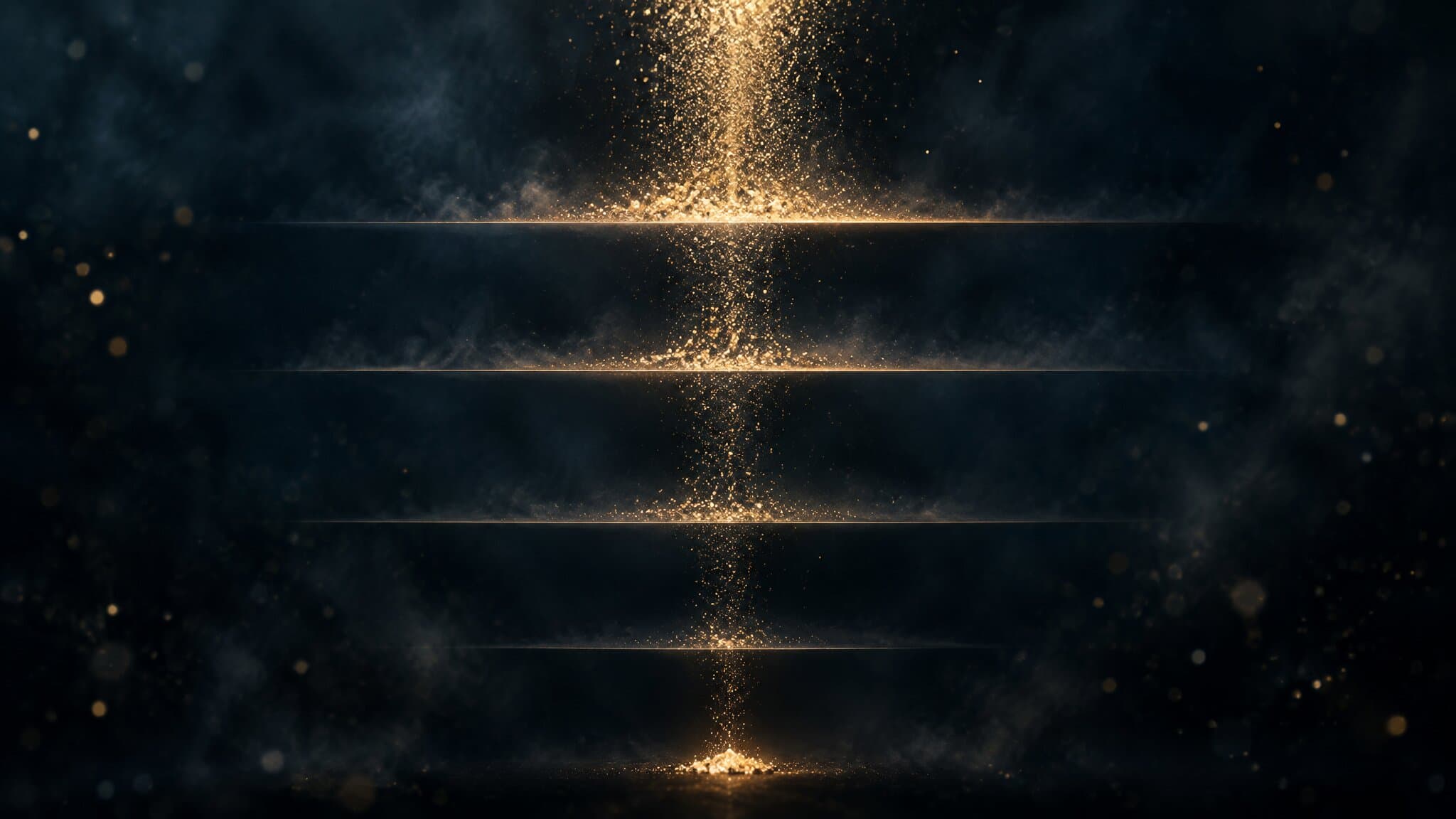 Vertical stream of gold particles thinning as it crosses four light planes