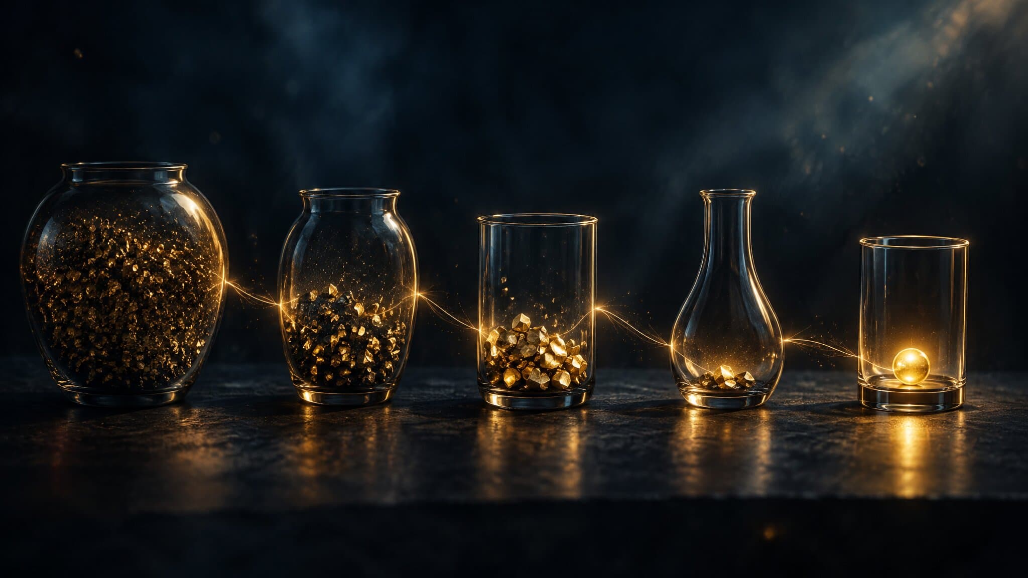 Five glass vessels holding fewer but brighter gold particles left to right