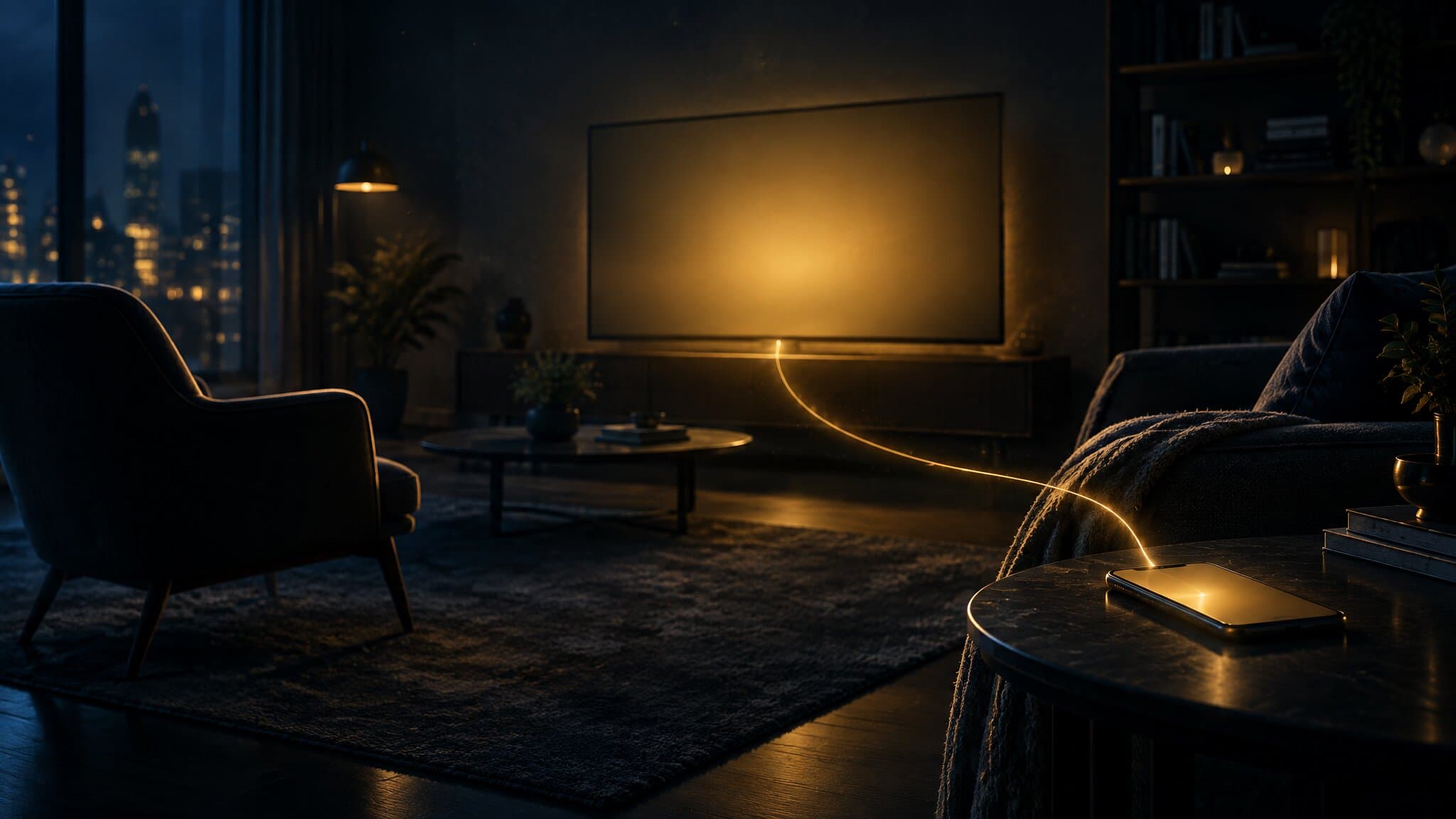 Dim living room with a glowing television and a phone on the side table