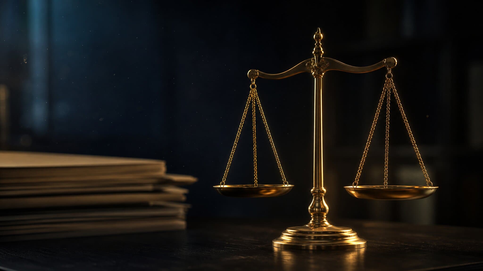Balanced brass scales beside closed case files, representing mass tort marketing compliance obligations