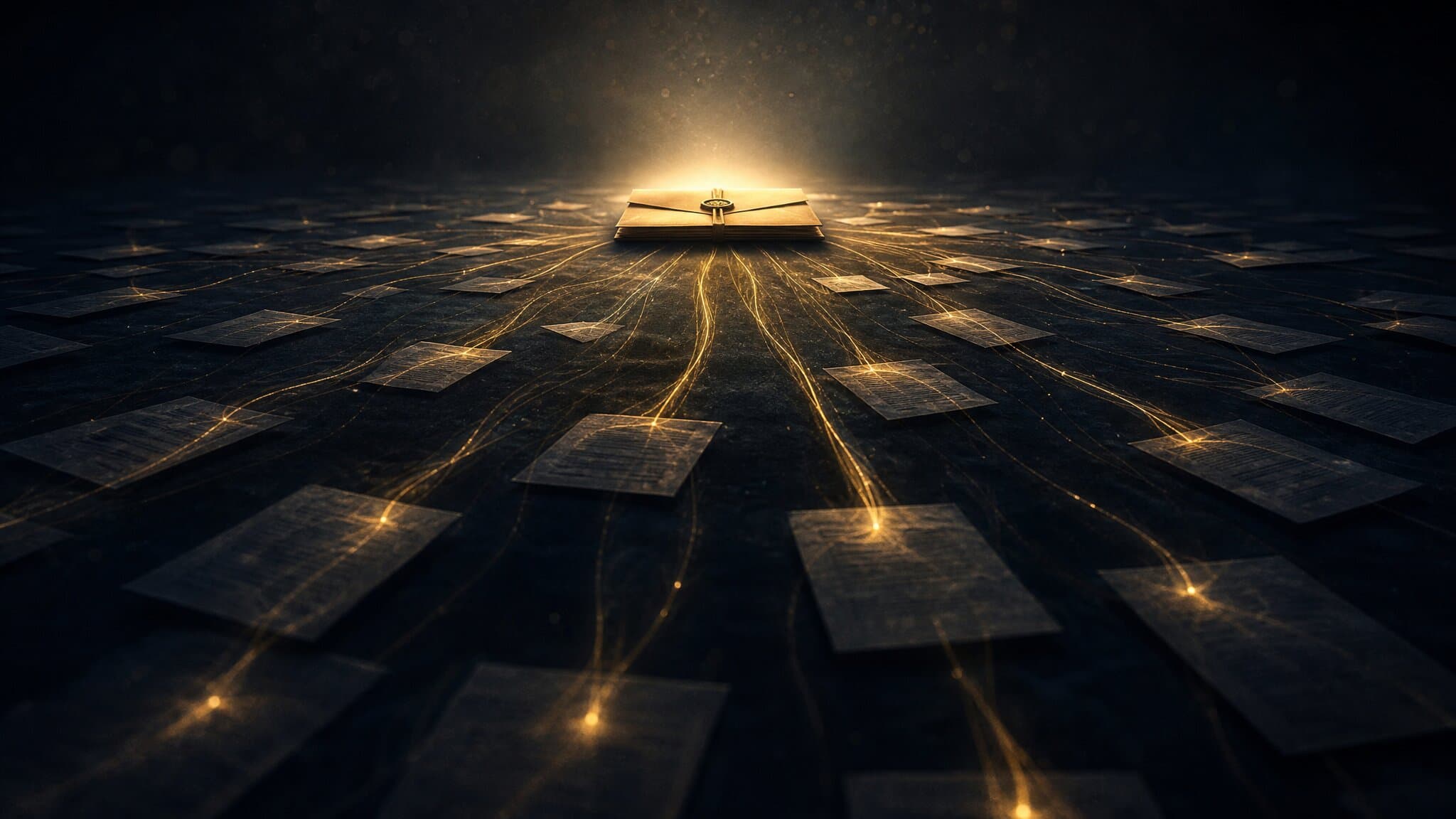 Scattered claimant records across a dark surface resolving into a single signed mass tort retainer