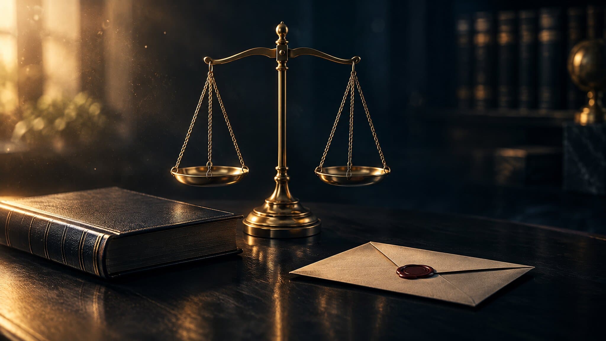Balanced brass scales beside a closed rulebook and wax-sealed envelope