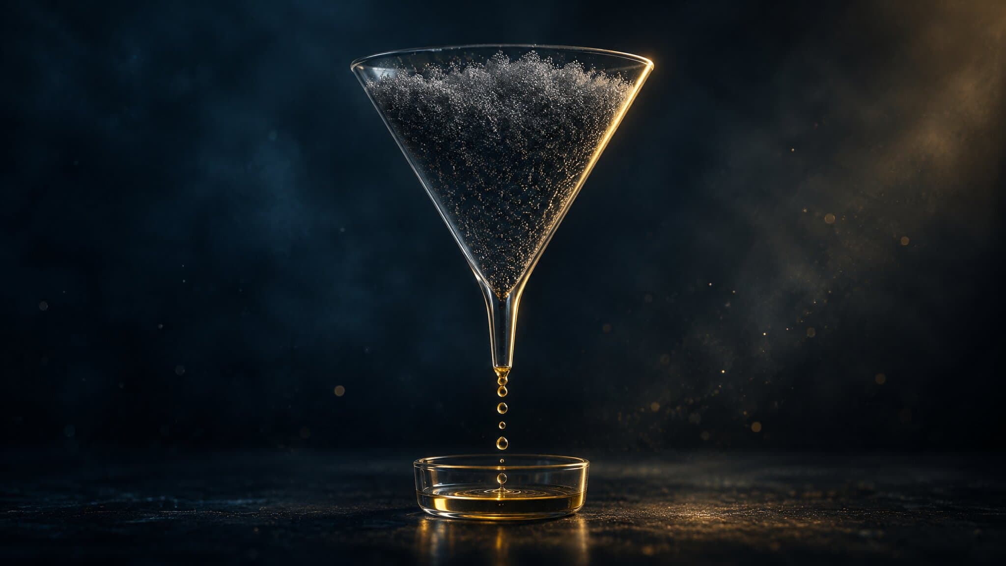 Glass funnel filled with dim particles releasing a few gold drops