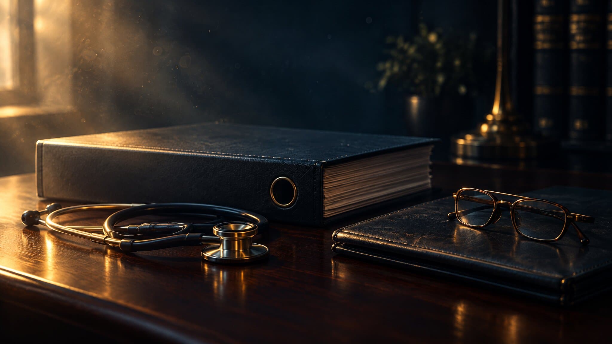 Closed medical records binder, stethoscope and reading glasses on a dark desk