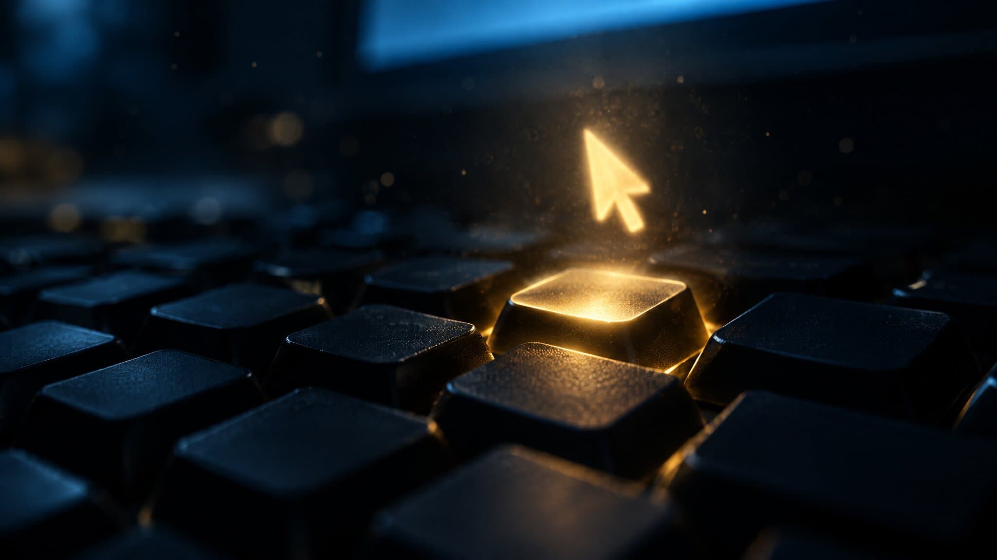 Dark keyboard with one key lit gold beneath a cursor of light