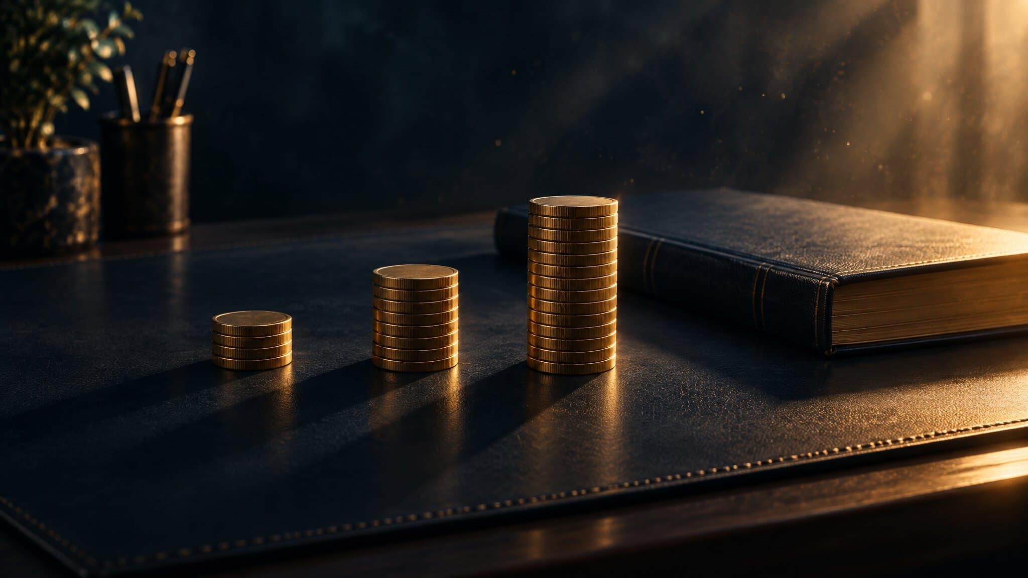 Three stacks of gold coins of rising height beside a closed ledger