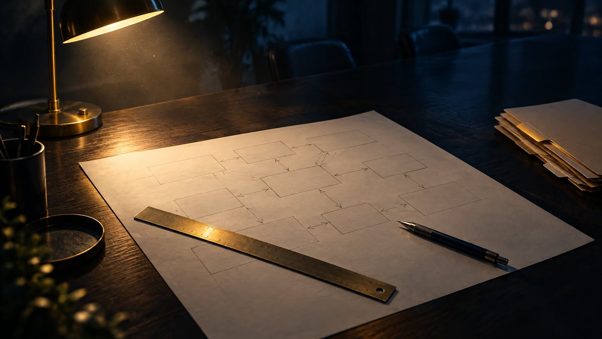 Blank drafting grid, brass ruler and pencil on a dark conference table