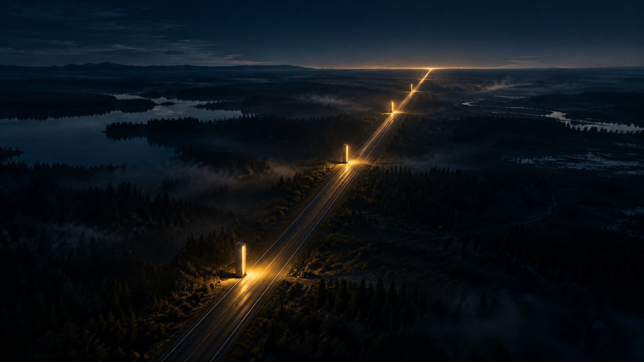 Night highway with four evenly spaced gold-lit milestones toward the horizon