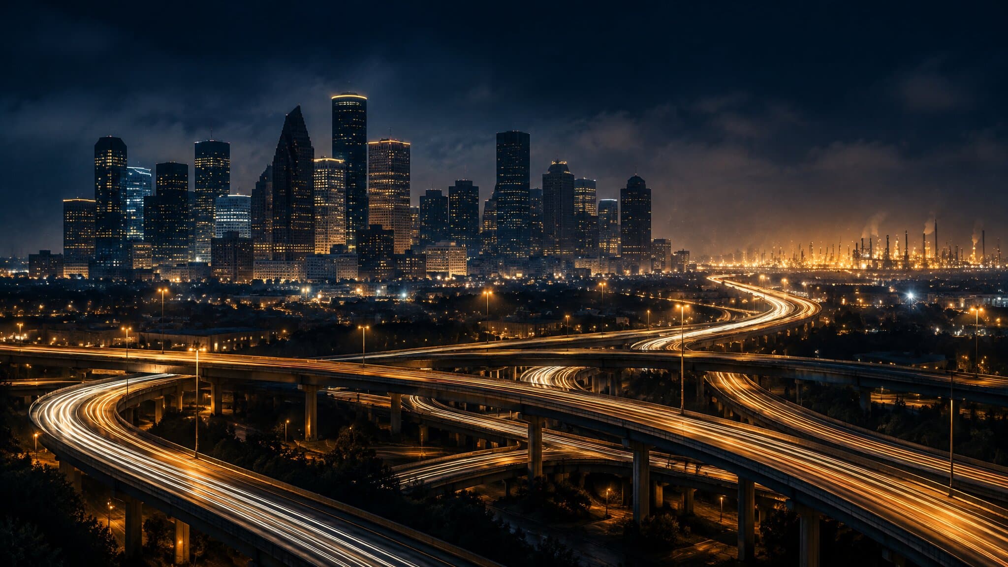 Night aerial view of Houston freeways and skyline, the market Houston personal injury firms compete in