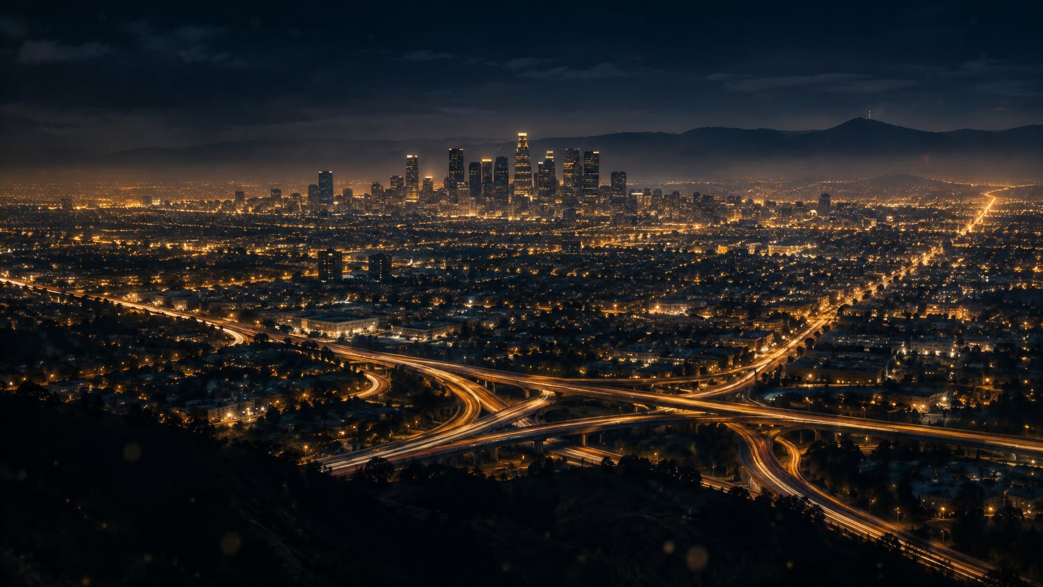 Night aerial view of Los Angeles freeways and skyline, the market Los Angeles personal injury firms compete in